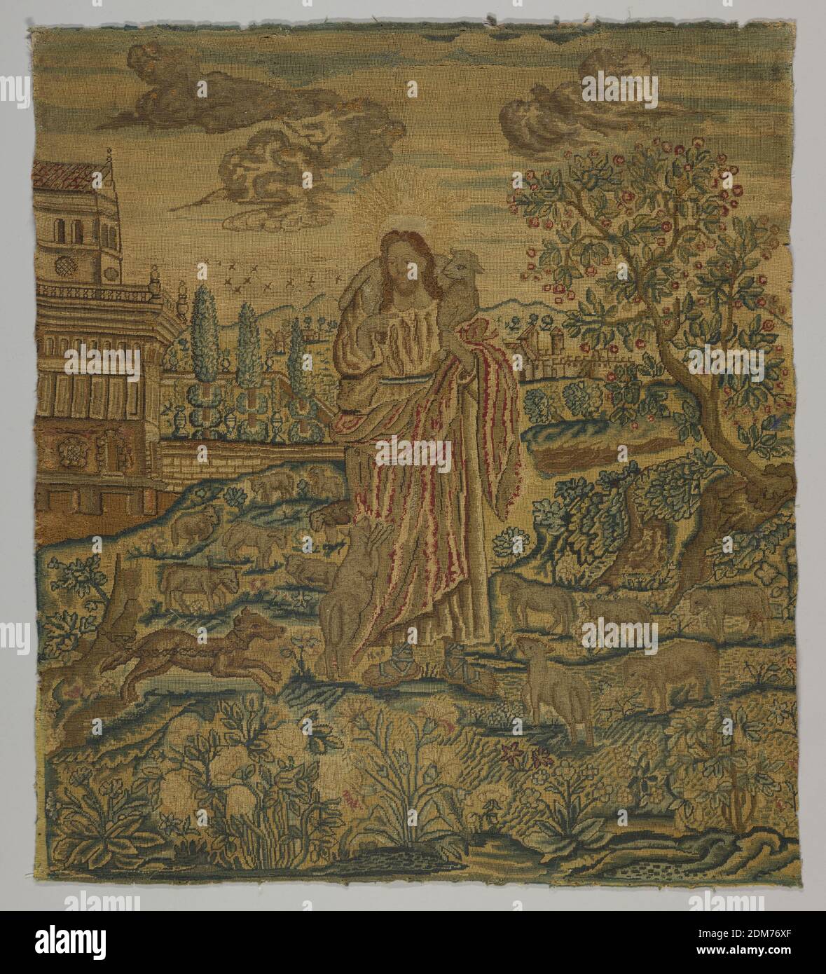 Textile, Moyen: lin, laine, wilk technique: Aiguille; points de suture comptés, image Needlepoint montrant le Christ comme le bon Berger entouré par son troupeau dans un paysage. Des fleurs et un chien, enchaînés à un arbre, remplissent le premier plan. Dans le sol central, un arbre fruitier à droite et un bâtiment à gauche devant un jardin formel en arrière-plan. Oiseaux et nuages dans le ciel., Europe, XVIIe siècle, broderie et couture, textile Banque D'Images