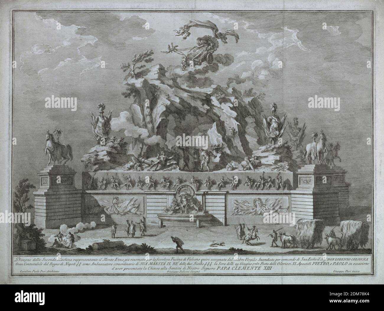 La représentation de l'Etna avec la forge de Vulcan., papier de gravure; filigrane: lily en double ovoïde surmontée par V, rectangle horizontal. La montagne est entourée d'un mur avec d'énormes piédestaux avec des statues de chevaux aux coins; une fontaine est au centre de l'avant, et au-dessus, sur le mont, se trouve la forge de Vulcan, avec des bras éparpillés. Aurora dans un char sur les nuages au-dessus. Au premier plan, le foin est amené dans des chariots tirés par du boeuf; les figures sont debout au sujet d'un incendie. Lignes de cadrage. Bas: 'Disegno della Seconda Machina rappresentante il Monte Etna gia rinomato per la favolosa di Vulcano Banque D'Images