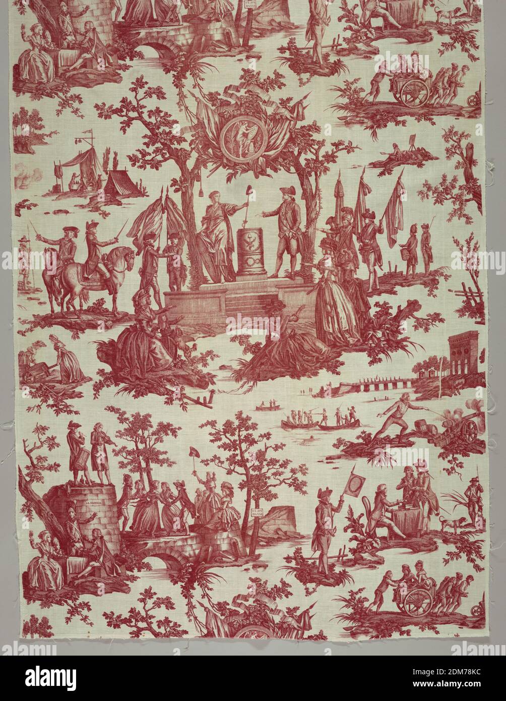 La tête de la Fédération (le Festival de la Fédération), Jean-Baptiste Marie Huet, (Français, 1745–1811), Oberkampf & Cie., (Jouy-en-Josas, France, 1759–1815), Moyen: Coton technique: Imprimé sur une plaque gravée sur un tissu Uni, longueur de coton imprimé avec des scènes imprimées en rouge sur blanc. Dans une scène, Louis XVI est présenté en prêtant le serment de loyauté à l'autel de la liberté, tandis que Marie Antoinette et le Dauphin promettre allégeance; Lafayette est en arrière-plan. Dans une autre scène, les gens dansent sur les ruines de la Bastille. Le tissu a été conçu après la chute de la Bastille Banque D'Images