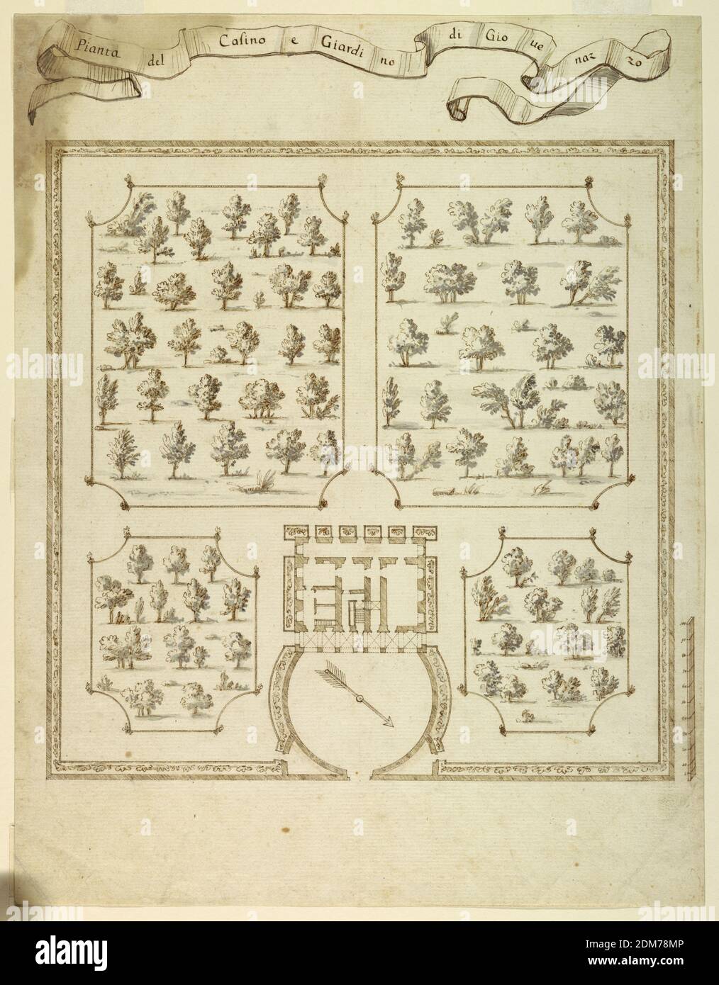 Plan du Casino et des Jardins de Giovenazzo, stylo et encre brune, lavage gris support: Papier blanc posé, échelle: En stylo et encre brune, à droite, Italie, Italie, ca. 1750, architecture, dessin Banque D'Images