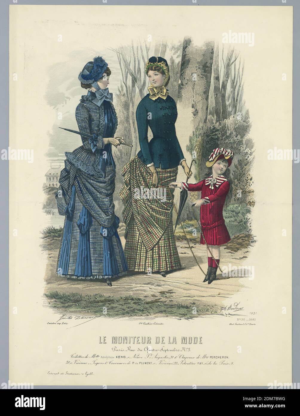 Assiette mode du moniteur de la mode, A. Bodin, français, actif 19e c., Jules David, français, 1808 - 1892, Abel Goubaud et fils, français, actif 19e c., gravure, pinceau et aquarelle sur papier, deux femmes marchant dans les bois, avec un enfant en rouge avec une jumprope. Une maison au-delà, à gauche. Nom et date des artistes et de l'éditeur ci-dessous. Description sur verso., Angleterre, 1882, Imprimer Banque D'Images