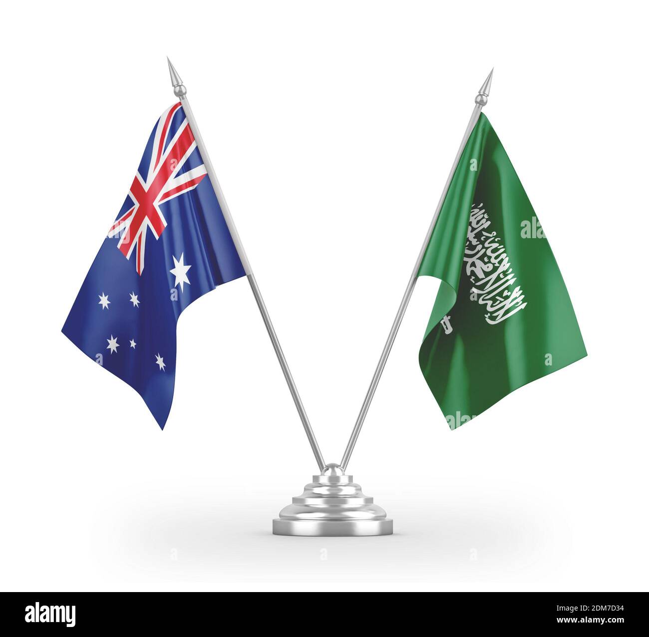 Drapeaux de table de l'Arabie Saoudite et de l'Australie isolés en 3D blanche rendu Banque D'Images