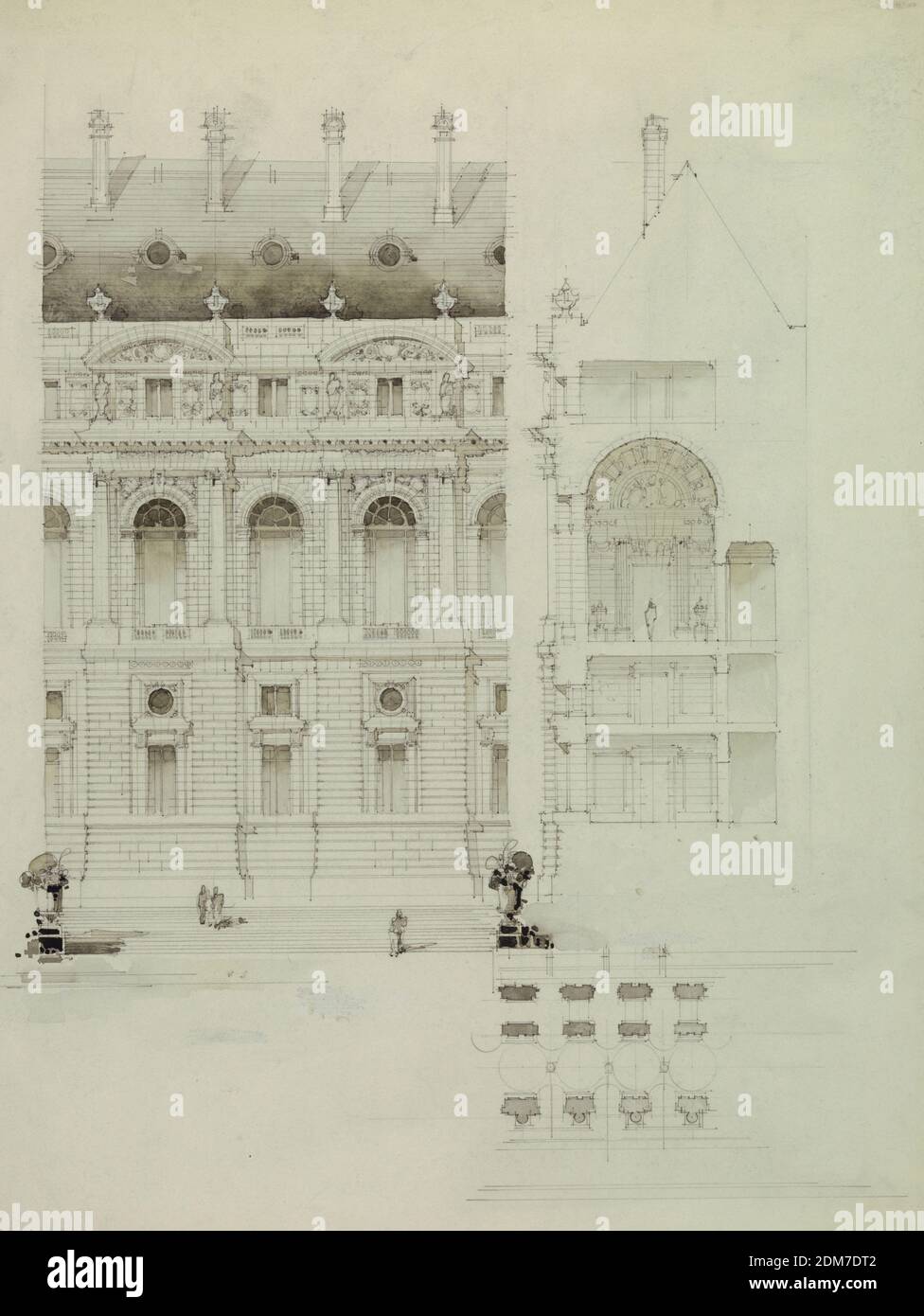 Conception pour plusieurs baies d'un bâtiment public, Graphite, pinceau et lavage gris sur le panneau d'illustration Bristol, élévation avant; élévation latérale et plan de plusieurs baies d'un bâtiment public. Quatre étages sur un podium ou une base; grandes ouvertures alternant avec de petites; toit incliné., USA, 1907, architecture, dessin Banque D'Images