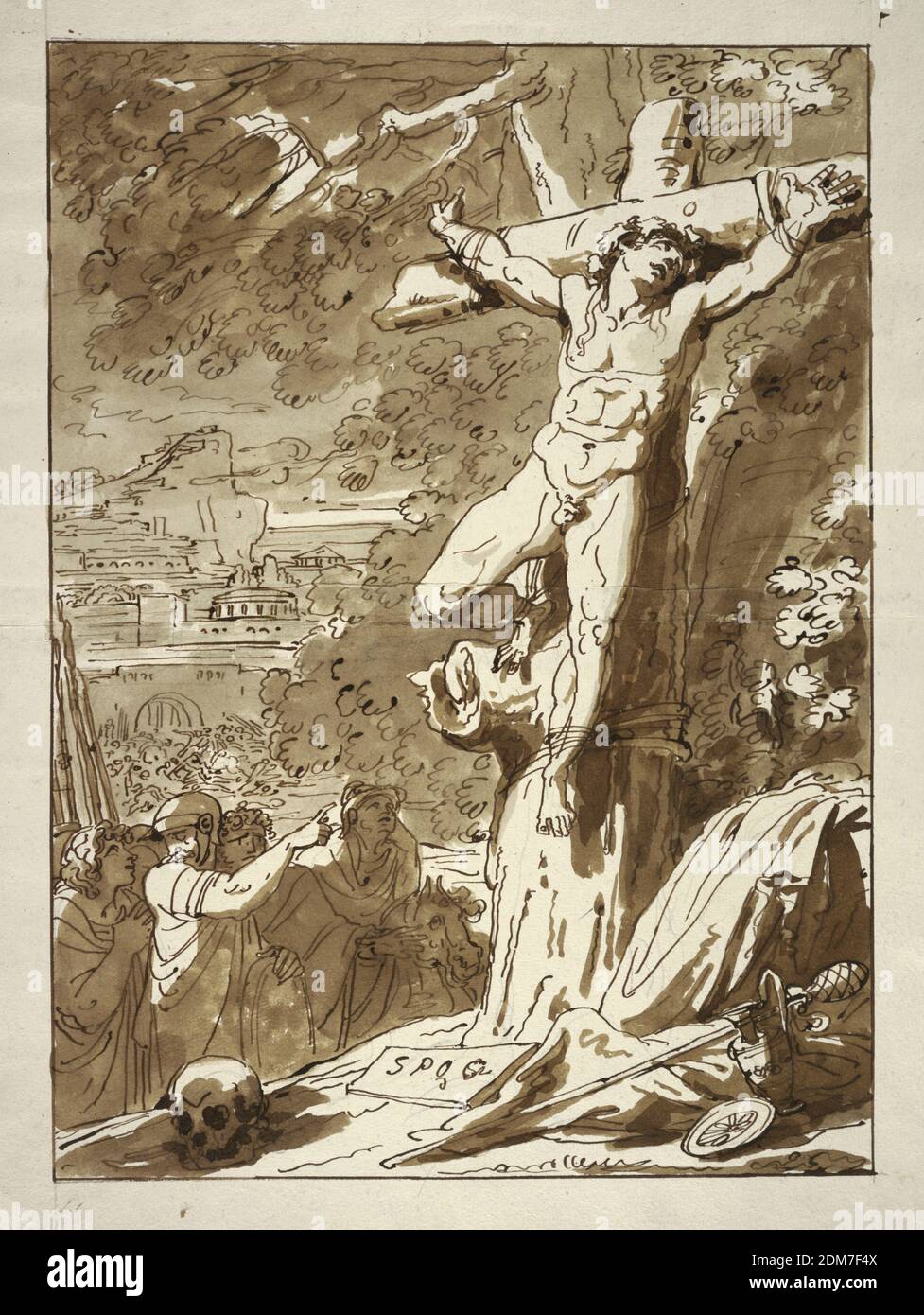 Crucifixion, Felice Giani, italien, 1758–1823, stylo et encre, pinceau et lavage sur papier, rectangle vertical montrant une figure liée à un arbre dans une posture cruciforme. Chez elft, un groupe de figures. A droite, un crâne et un signe de lecture: SPQR., Italie, 1815–1825, figures, dessin Banque D'Images