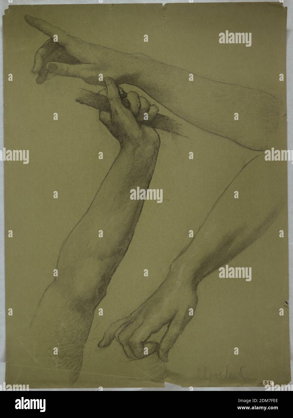Trois études des armes, Edwin Howland Blashfield, américain, 1848–1936, charbon, crayon bleu et blanc sur papier vélin vert, trois études des bras et des mains. La main droite près du haut pointe vers le coin supérieur gauche. La main gauche au centre saisit un membre du personnel. La main droite dans le coin inférieur droit courbe ses doigts., USA, ca. 1905, figures, dessin Banque D'Images