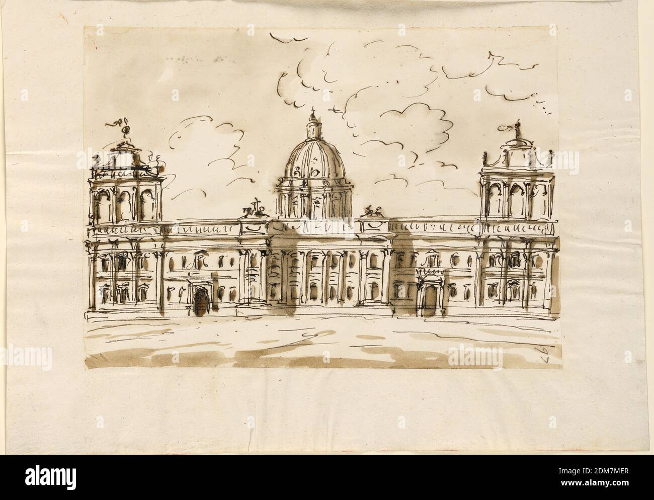 Design pour un Palace, Giuseppe Barberi, italien, 1746–1809, stylo et encre brune, brosse et lavage brun, crayon rouge sur papier blanc cassé doublé, Rome, Italie, 1746-1809, architecture, dessin Banque D'Images