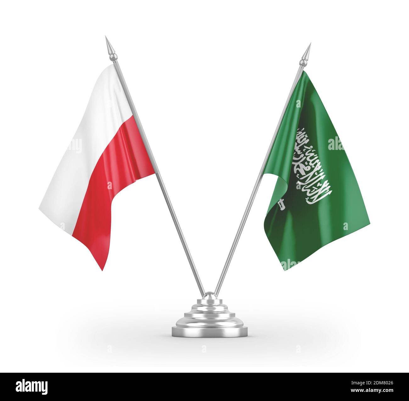 Drapeaux de table d'Arabie Saoudite et de Pologne isolés sur 3D blanc rendu Banque D'Images