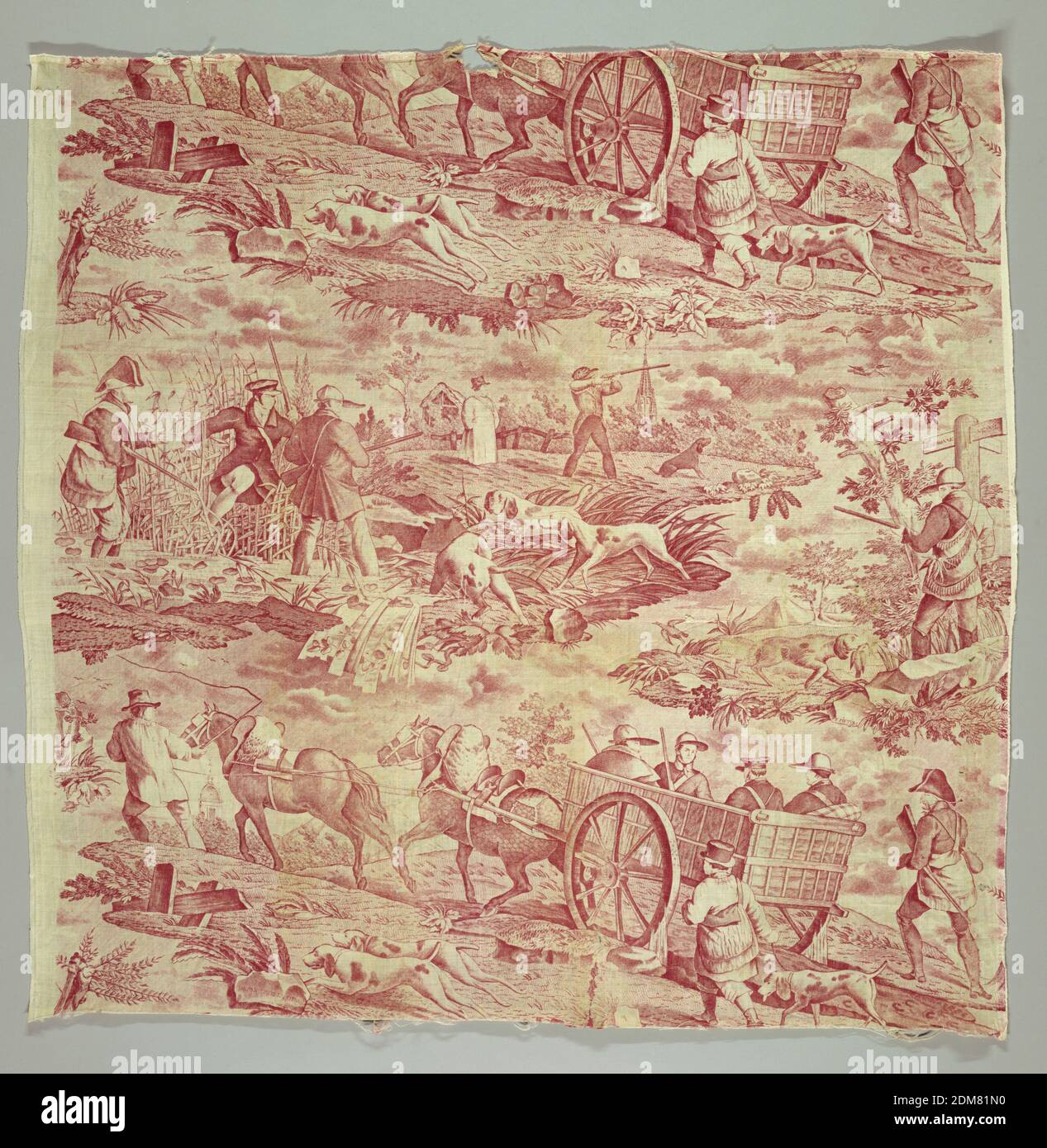Départ pour la chasse, F. Pieters, Moyen: Coton technique: Imprimé par rouleau gravé sur une fondation à armure toile, deux scènes disposées horizontalement; le premier d'un chariot tiré par deux chevaux transportant quatre chasseurs avec des chiens et trois accompagnateurs marchant le long; le second des chasseurs et des chiens au travail dans un marais et dans les champs. En rouge sur blanc., France, env. 1810, textiles imprimés, teints et peints, fragments, fragments Banque D'Images