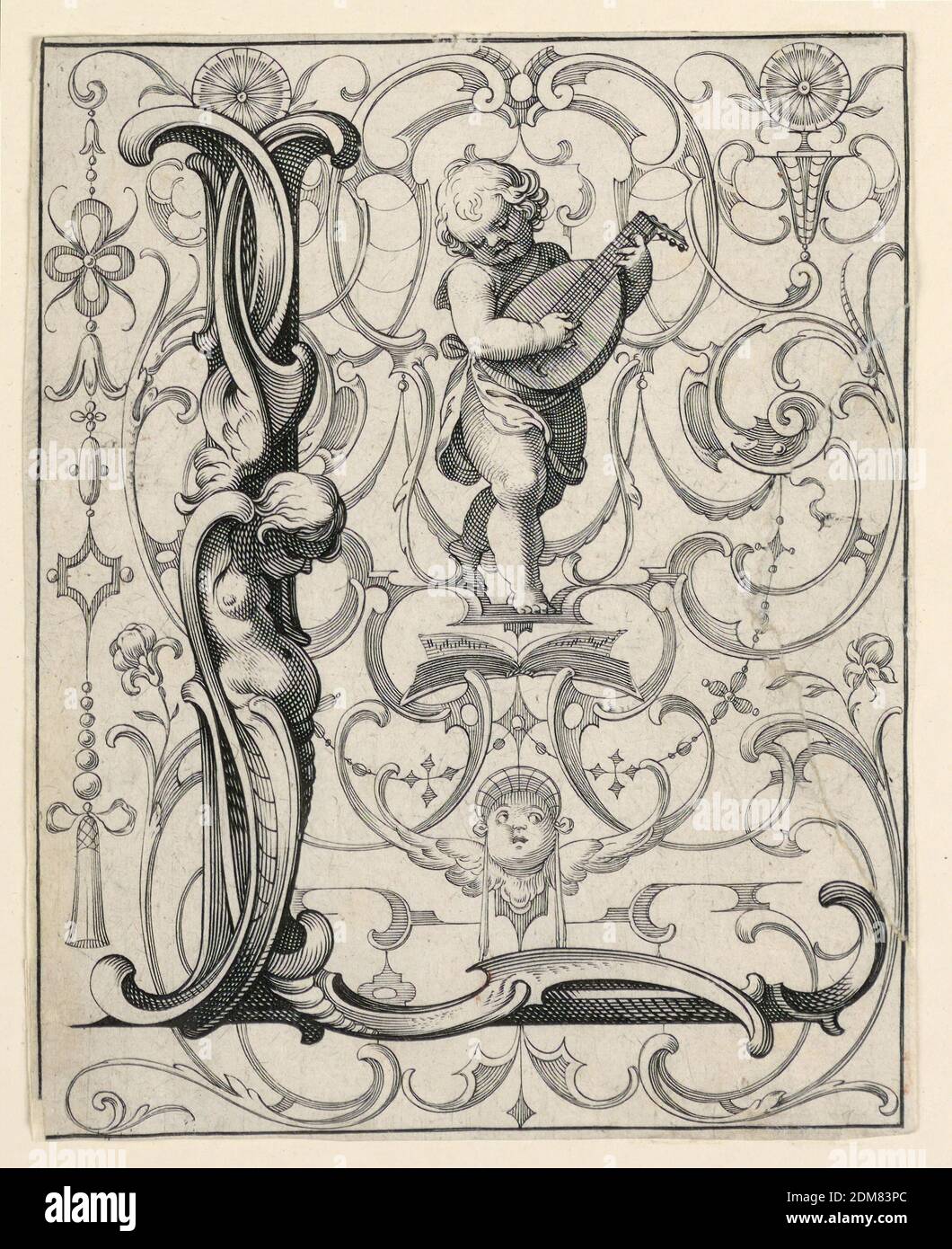 Panneau avec la lettre 'l' de la 'Newes ABC Büechlein', Lukas Kilian, allemand, 1579 – 1637, sur papier blanc cassé, UN garçon joue le luth ('laute')., Augsberg, Allemagne, 1627, Imprimer Banque D'Images
