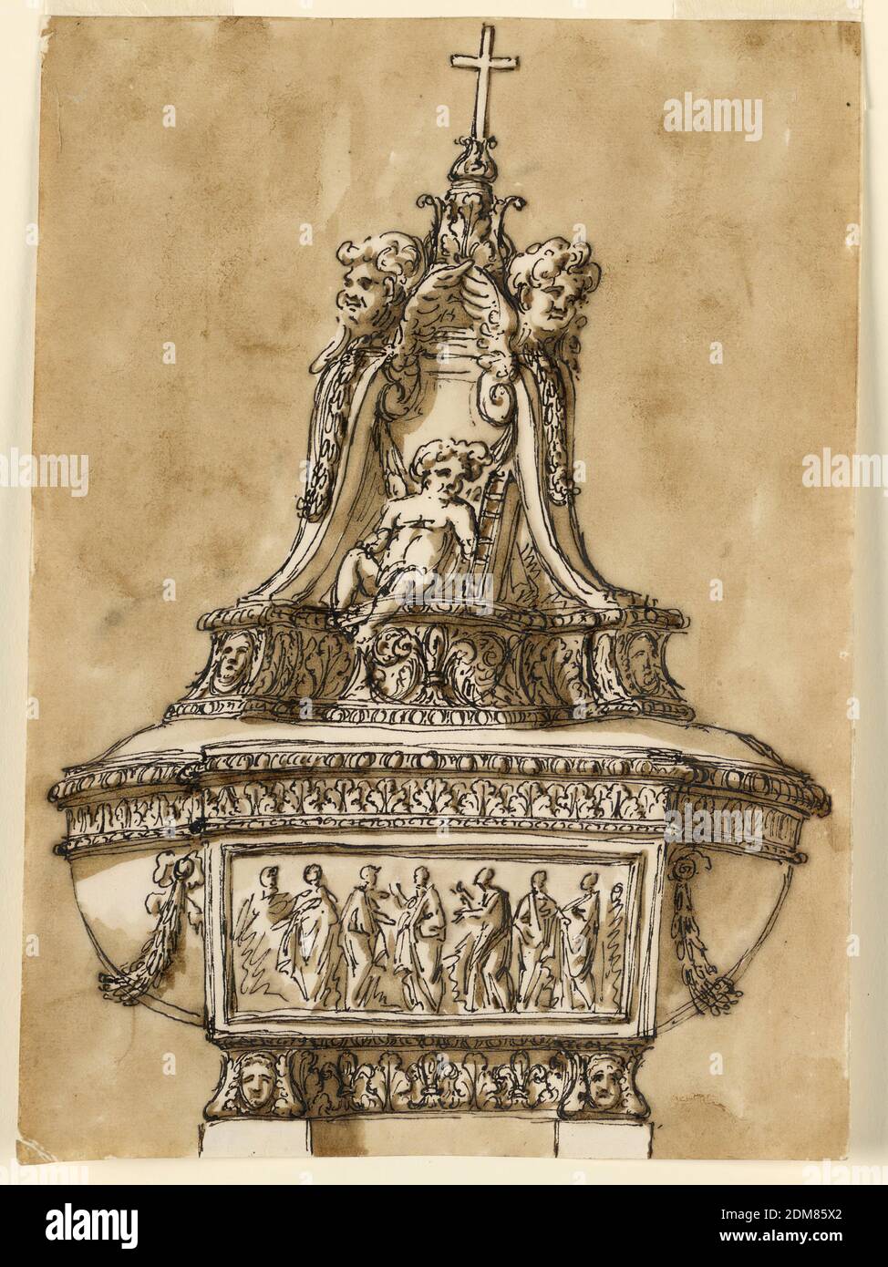 Design pour une police baptismale, Giuseppe Barberi, italien, 1746–1809, stylo et encre brune, pinceau et lavage brun sur papier blanc cassé doublé, le plan du bol est comme -1410, le support est une variation de ce que dans -1420, la frise séquestre étant décorée alternativement avec une fleur de lis, et une feuille d'acanthus droite. Le devant du bol est décoré d'un relief encadré, représentant probablement l'expédition des Apôtres, six étant représentés, par le Christ; les parties latérales sont décorées de festons. Le couvercle a la forme d'un socle sur une base. Sur son front se trouve un ange Banque D'Images