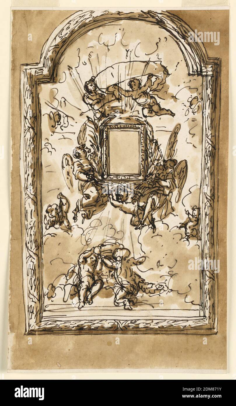 Cadre pour une petite image de dévotion, Giuseppe Barberi, italien, 1746–1809, stylo et encre brune, pinceau et lavage brun sur papier blanc cassé doublé, encadré de la même manière que dans -1385 mais sans guirlande. Le petit cadre intérieur est rectangulaire et est soutenu par trois anges au-dessus de deux branches de paume croisées. Deux anges sont flyinf au-dessus de lui, l'un d'eux avec un rouleau de papier. Une gloire similaire. Ci-dessous sont deux anges avec apparemment un bol avec encens. Un autre, plus haut, semble porter un censeur. Contexte habituel., Rome, Italie, 1773-1774, architecture, dessin Banque D'Images