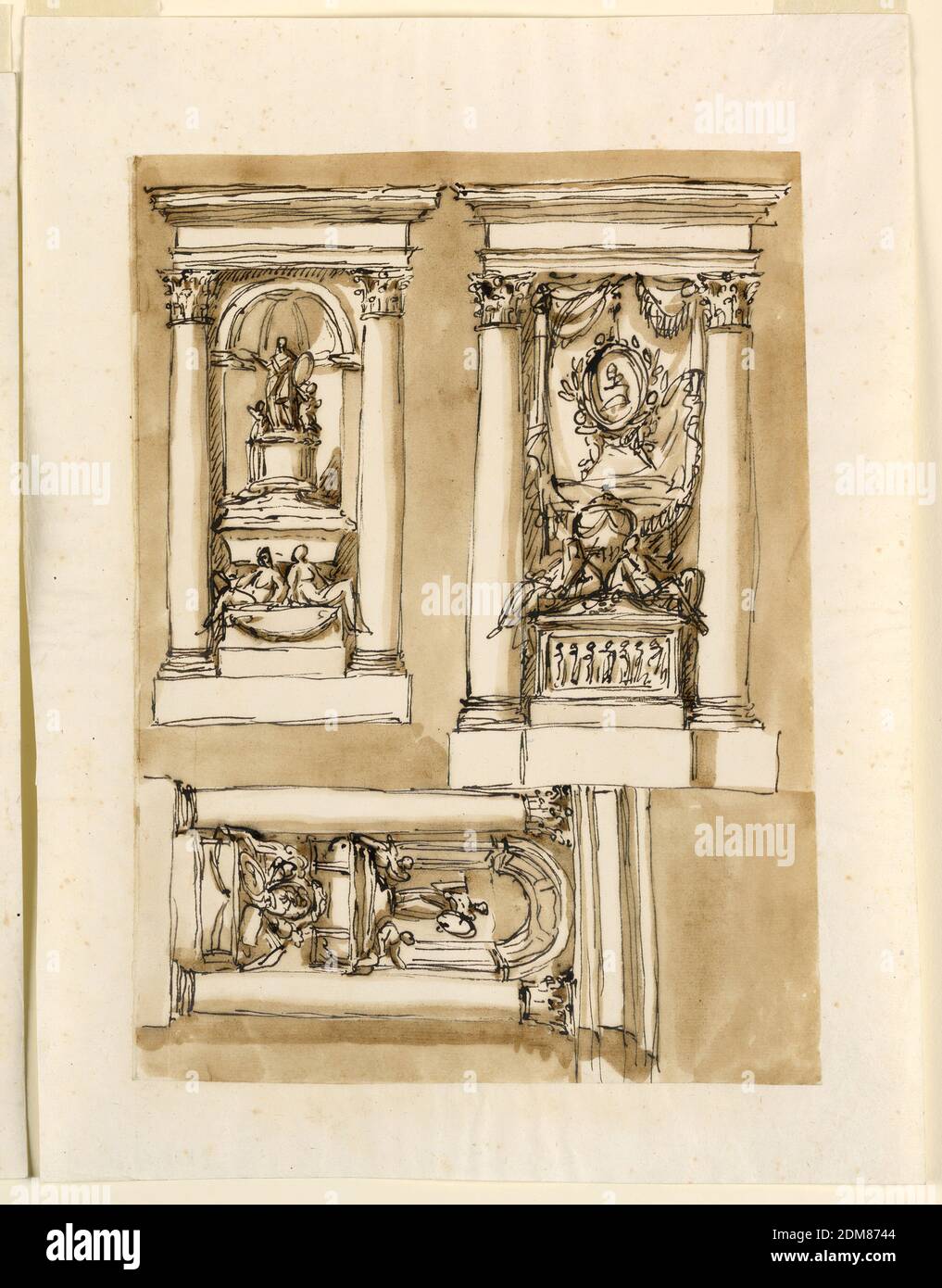 Trois tombes, Giuseppe Barberi, italien, 1746–1809, stylo et encre brune, pinceau et lavage brun sur papier blanc cassé doublé, rangée supérieure, gauche. Le cadre architectural est similaire à 1938-88-1298, rangée droite, ci-dessus. Le plan du monument est une variation de 1938-88-1298, rangée gauche, ci-dessous. Le piédestal a deux décalages, avec un fétoon dans la partie supérieure comme la seule décoration. Au-dessus, il y a deux allégories féminines. Sur le sarcophage se trouve un piédestal. Sur elle une figure, debout, portant un médaillon avec un puto debout à côté d'elle, à droite. À gauche, un autre putto, agenouillé. Banque D'Images