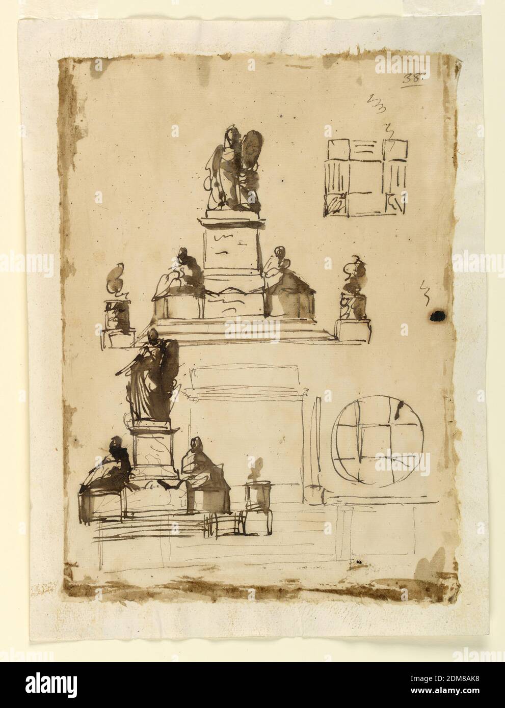 Décorations funéraires pour le roi Louis XVI de France, Giuseppe Barberi, italien, 1746–1809, stylo et encre brune, brosse et lavage brun sur papier beige posé, ci-dessus: La partie inférieure et la disposition du piédestal sur les marches sont similaires à 1938-88-1315. Le schéma de la partie supérieure est semblable à celui de 1938-88-1297, mais les figures latérales se trouvent immédiatement sur la partie inférieure du piédestal, dans la hauteur du bord supérieur du corps du sarcophage. Le médaillon est à droite de la figure debout, probablement soutenu par un ange à genoux, comme un autre peut être à gauche. À côté est un plan Banque D'Images