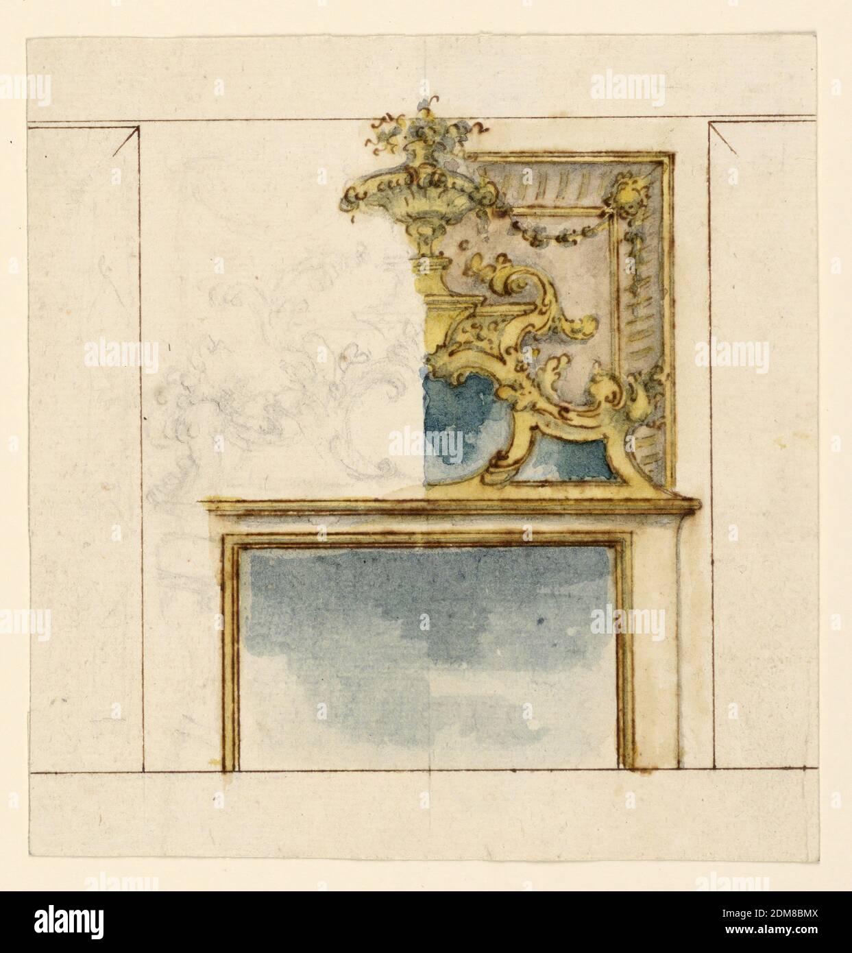 Design pour un Chimneypiece, avec un Overmantel élaboré, craie noire, stylo et encre, pinceau et aquarelle sur papier, illustré sont le côté droit de la partie supérieure les moulures encadrant presque entièrement l'ouverture. Un socle de forme générale d'un pédiment se trouve sur l'étagère. Il contient des quadrangles sphériques latéraux, au centre sont des verres ovoïdaux. Sur le dessus se trouve un vase avec des fleurs sur un support. L'arrière-plan est formé comme une niche angulaire avec des festons suspendus des coins supérieurs au vase. Deux boîtiers de porte latérale sont indiqués., Italie, 1750–1775, dessin Banque D'Images