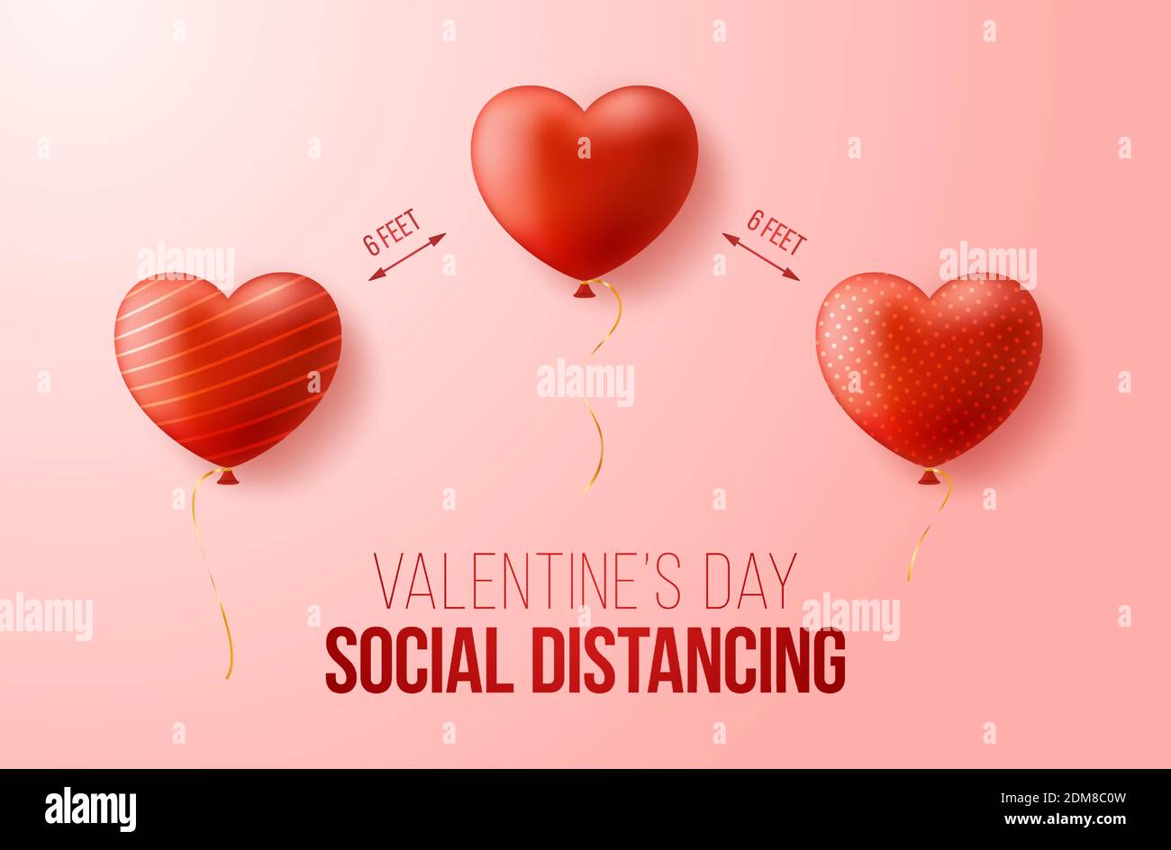 Gardez une distance de sécurité tout en célébrant la Saint-Valentin. Les  cœurs 3D réalistes sont situés à une distance l'un de l'autre. Concept de  l'amour sûr pendant le cor Image Vectorielle Stock -