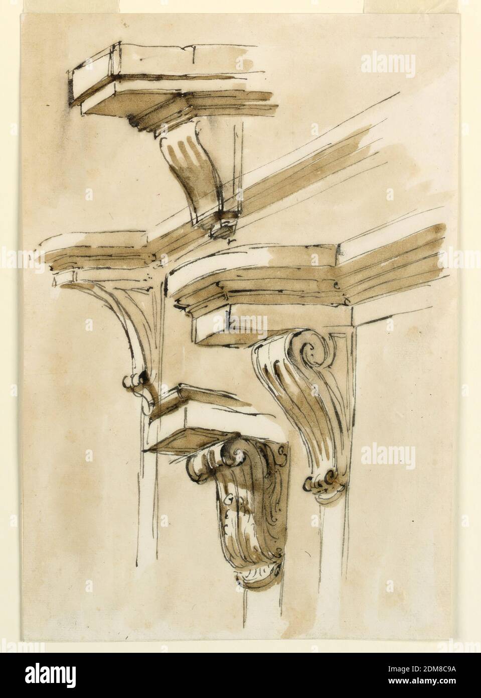 Quatre consoles, Giuseppe Barberi, italien, 1746–1809, stylo et encre brune, pinceau et lavage brun sur papier blanc cassé, doublé, au centre en dessous, un volute à l'extrémité supérieure, recouvert d'une feuille en dessous; en dessous se trouve une coquille. Centre à droite: Une console avec spirales aux deux extrémités, soutient la projection entablature d'une porte - ou un pare-brise. Centre à gauche : une console avec spirales à l'extrémité inférieure soutient les corniches projetées d'une entablature. Au-dessus à gauche se trouve une console qui soutient les moulures en saillie. Contexte habituel., Rome, Italie, 1800–1809, architecture, dessin Banque D'Images