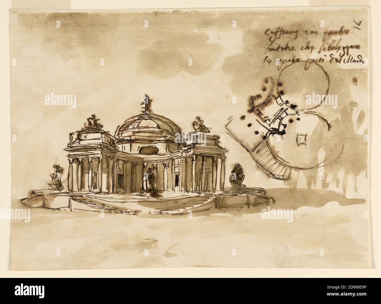 Design pour un Kaffeehaus, Giuseppe Barberi, italien, 1746–1809, stylo et encre brune, pinceau et lavage brun sur papier blanc cassé doublé, Centre gauche: Un élévation. Le plan est comme un carré sphérique avec des coins biseautés. Au centre des segments se trouve une fontaine représentant l'une des quatre parties du monde. Les escaliers mènent à la plate-forme sur laquelle se trouve le bâtiment. Autres fontaines sur les atterrissages. Les salles circulaires doivent être reliées par de petites salles. Les combats d'escaliers mènent au portique., Rome, Italie, 1789, conception graphique, dessin Banque D'Images