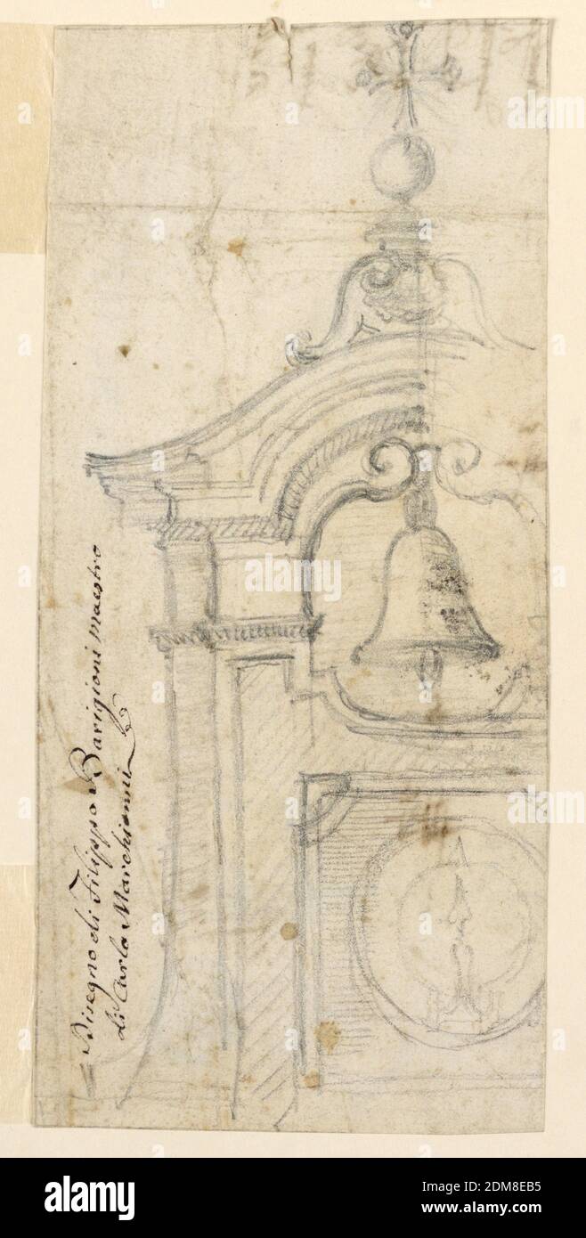 Projet pour une tour de cloche, Filippo Barigioni, Italien, 1690 - 1753, Graphite sur papier blanc cassé, Design pour la moitié gauche d'un clocher. Au-dessous de la cloche, une horloge. Au-dessus de la cloche, une croix grecque., Italie, 1710–1750, architecture, dessin Banque D'Images