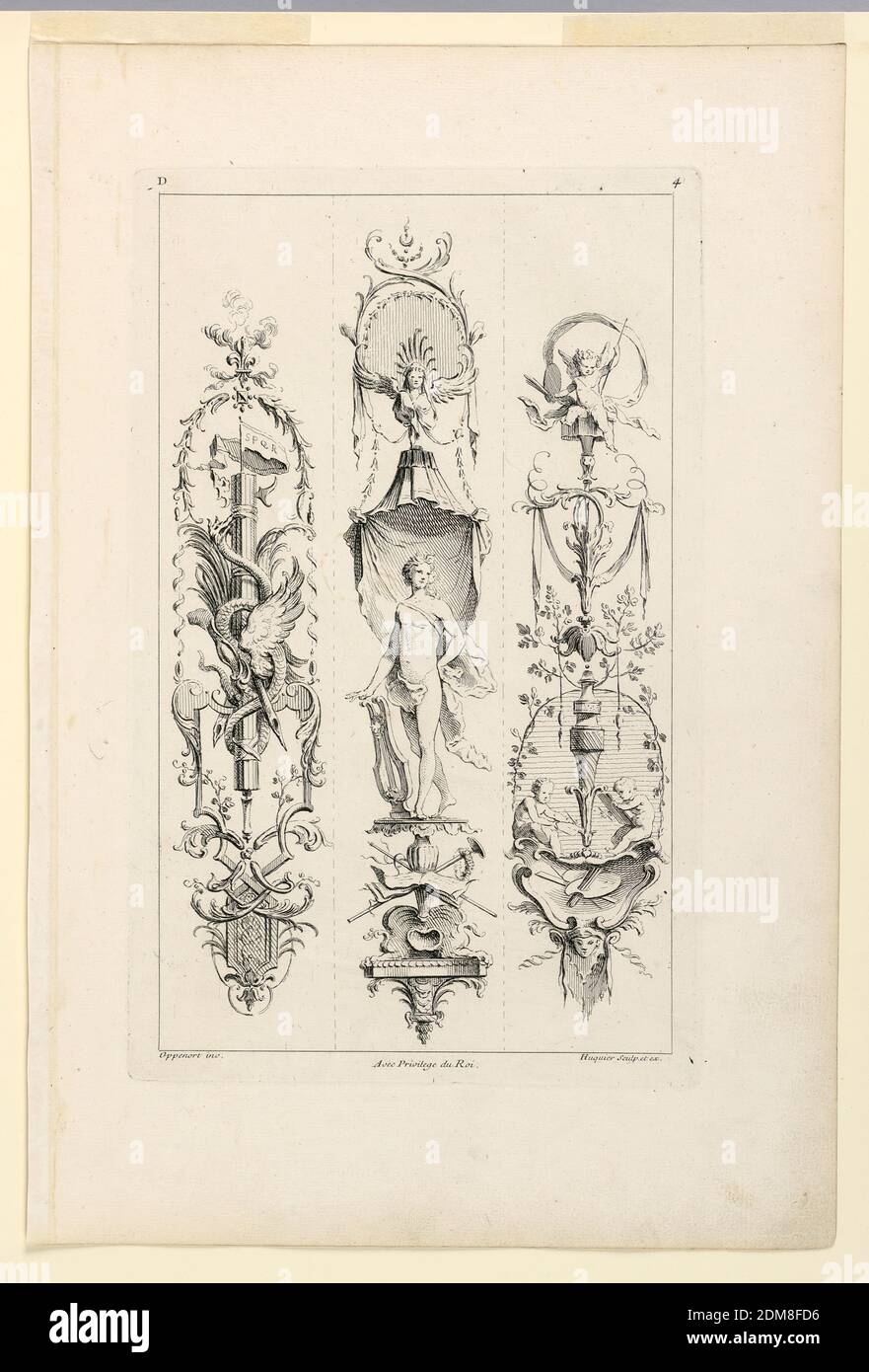 Page quatre de 'Quatrieme Livre contenant des Montans où Pilastres inventeurs par G. M. Oppenort architecte du Roi et Gravés par Huquier', Gilles-Marie Oppenord, français, 1672–1742, Gabriel Huquier, français, 1695–1772, Etching sur papier, trois arrangements de type 'candelabre' de serpents, caractérisés par un premier pôle, un second pôle, par des motifs: Apollon avec lyre; troisième: Peinture de deux putti. Inscrit, en haut à gauche: 'D'; en haut à droite: '4'; en bas à gauche: 'Oppenort inv.'; au centre: 'Avec privilège du Roi'; en bas à droite: Huquier chabp. Et ex.', France, après 1751, Imprimer Banque D'Images