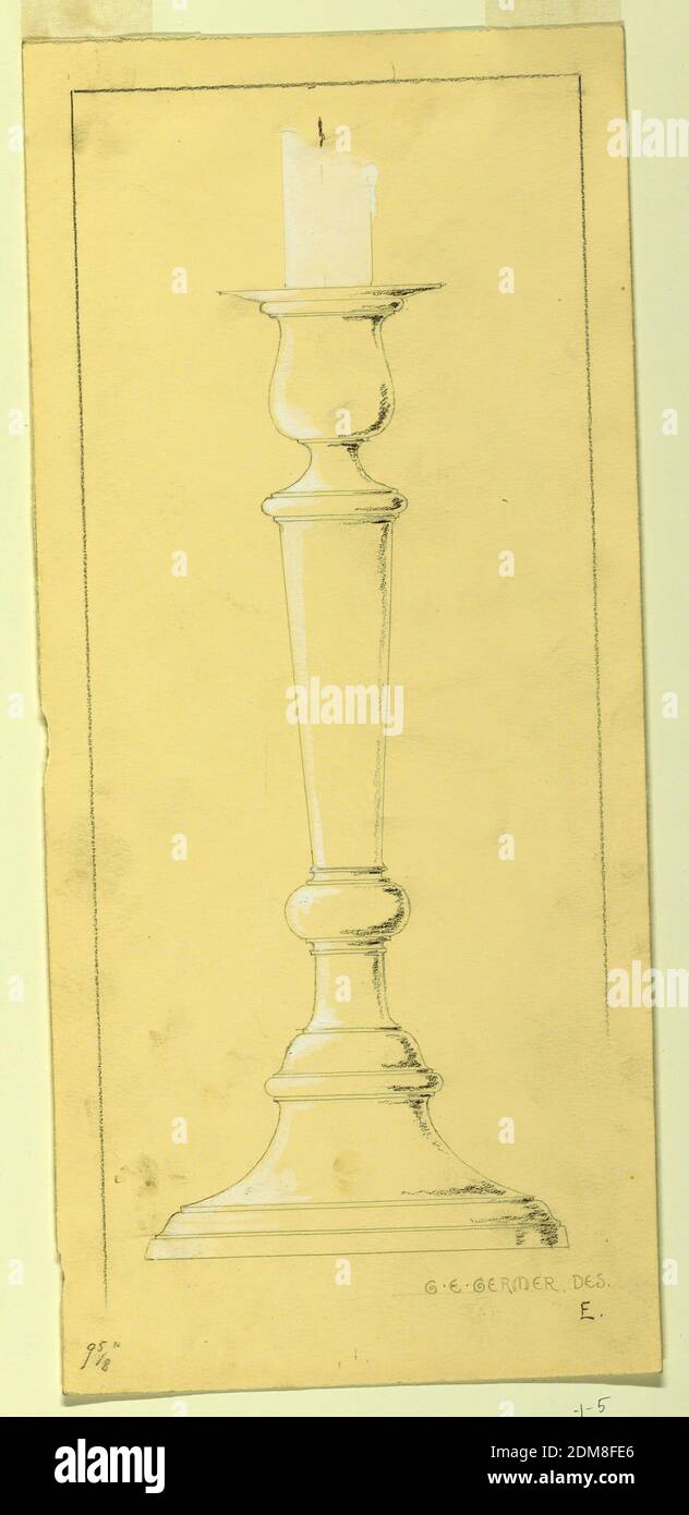 Design pour un Candlestick, George E Germer, 1868 – 1936, Graphite, crayon noir, pinceau et gouache blanc sur papier crème, souches de bougies. La conception encadrée par des lignes à gauche, au-dessus et partiellement à droite. La hauteur indiquée est de 9 5/8', Etats-Unis, env. 1933, dessin Banque D'Images