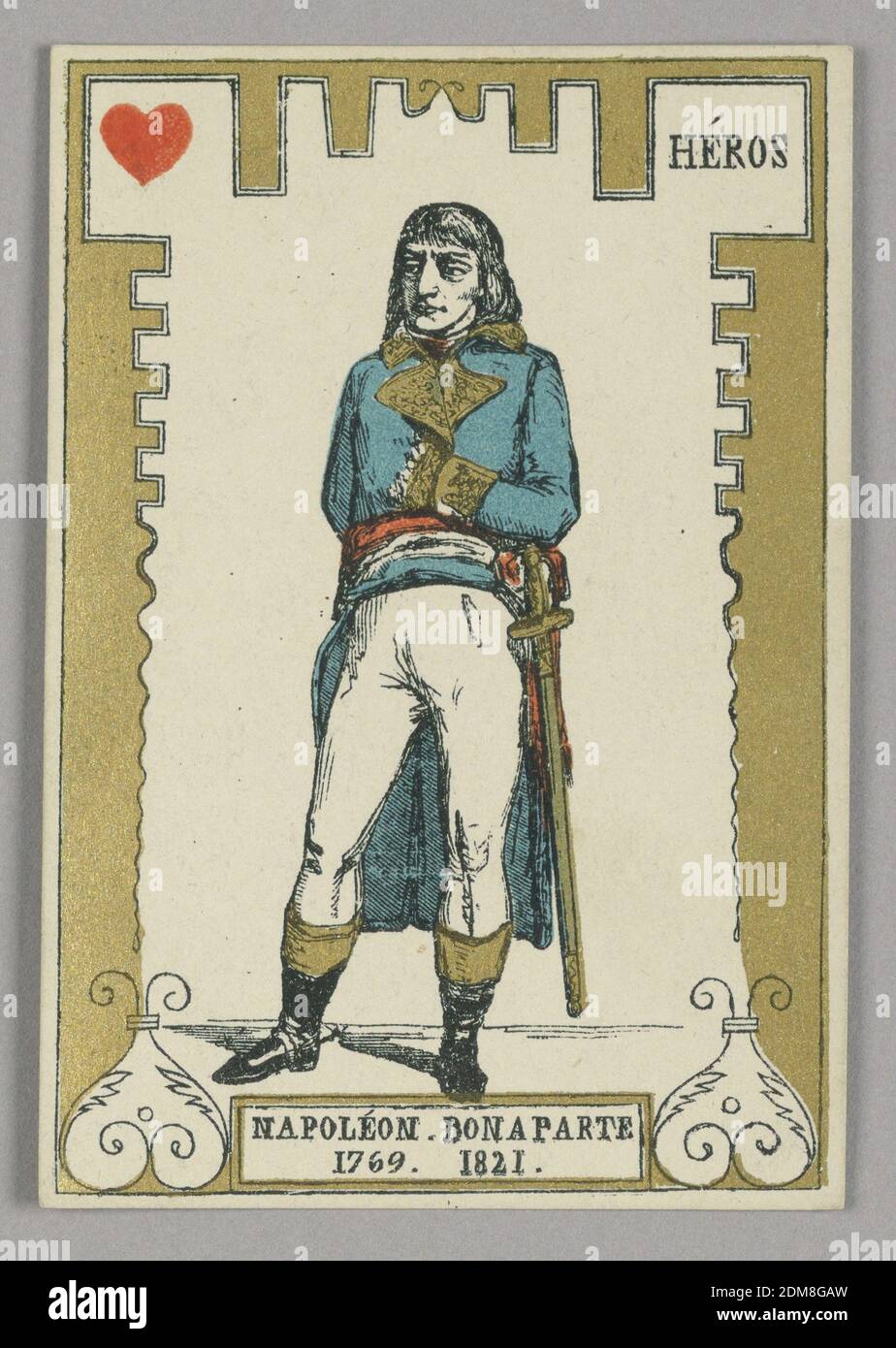 Napoléon Bonaparte, carte de jeu de 'cartes héroïques' ou 'des grands hommes', Marcel G. Dèschampes, français, actif 19e c., Alphonse-Joseph-Ferdinand Minne, belge, actif 19e c., lithographie de couleur Stencil sur papier, carte de jeu de 'cartes héroïques, Paris, 1871 ou 'lithmes', Paris Banque D'Images