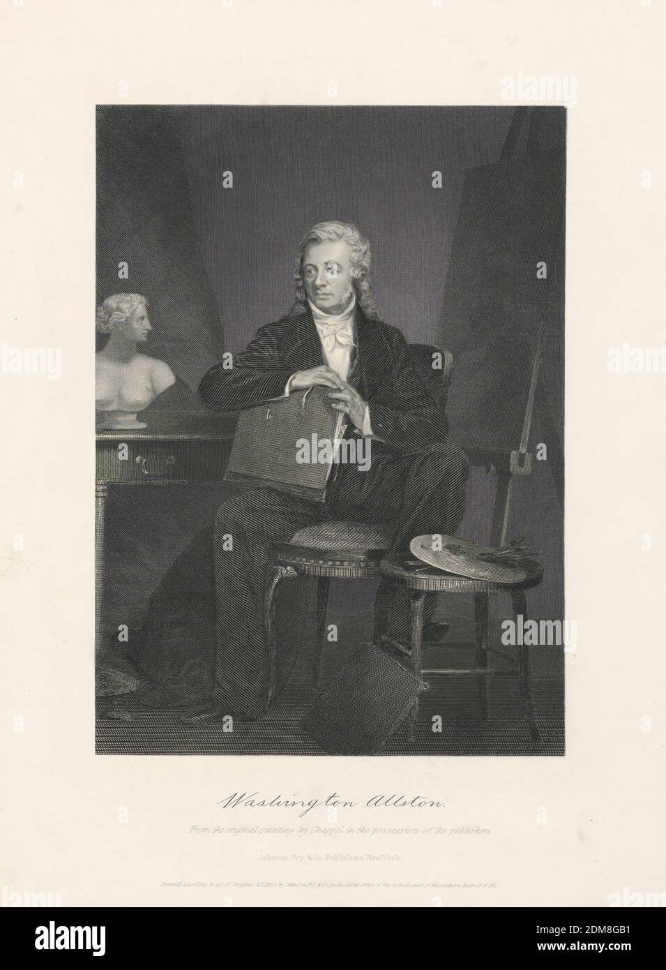 Portrait de Washington Allston, Johnson Fry, Alonzo Chappel, 1828 - 1887, gravure sur papier, portrait complet du peintre américain, Washington Allston (1779-1843), assis, son dos à son chevalet, et à côté d'une table sur laquelle se trouve un buste en marbre. Son pied gauche repose sur l'échelon d'un tabouret à côté de lui sur lequel sont la palette et les brosses. Lignes descriptives ci-dessous, avec le nom de l'éditeur., USA, 1863, Imprimer Banque D'Images