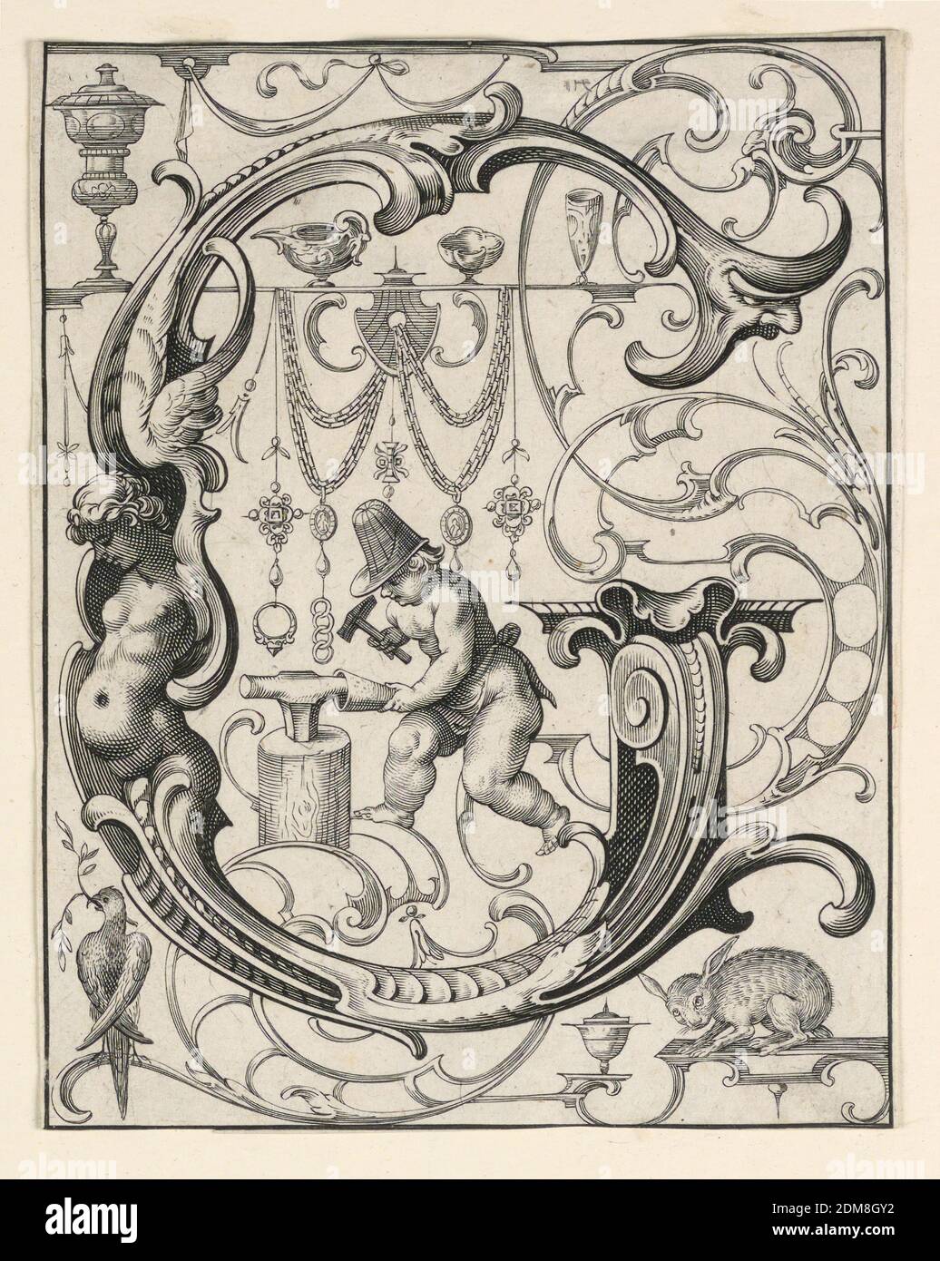 Panneau avec la lettre 'G' du 'Newes ABC Büechlein', Lukas Kilian, allemand, 1579 – 1637, engravant sur papier blanc cassé, UN garçon comme orfèvre ('goldschmied')., Augsberg, Allemagne, 1627, Imprimer Banque D'Images