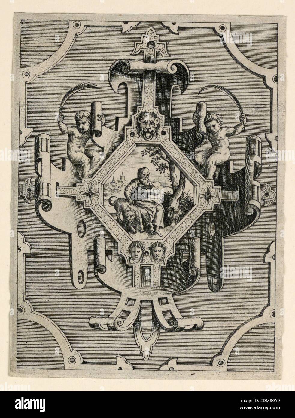 Scrollwork Escutcheon avec représentation de Saint Marc l'évangéliste, Pieter van der Heyden, flamand, 1530 - 1572, Jacob Floris l'aîné, flamand, 1524 - 1581, gravure sur papier, Saint Marc lisant sous un arbre, sa main droite se trouve sur le lion. Deux enfants avec palmier., pays-Bas, ca. 1565, Imprimer Banque D'Images