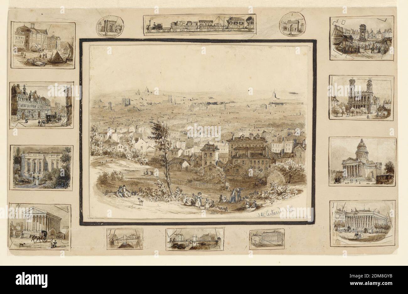 Vue sur une ville, divers bâtiments, Jacques Alphonse Testud, français, b. 1810, stylo et encre, pinceau et lavage, graphite sur de nombreux morceaux de papier, tous montés sur la même feuille, vues sur la ville, divers bâtiments., France, 1842, dessin Banque D'Images