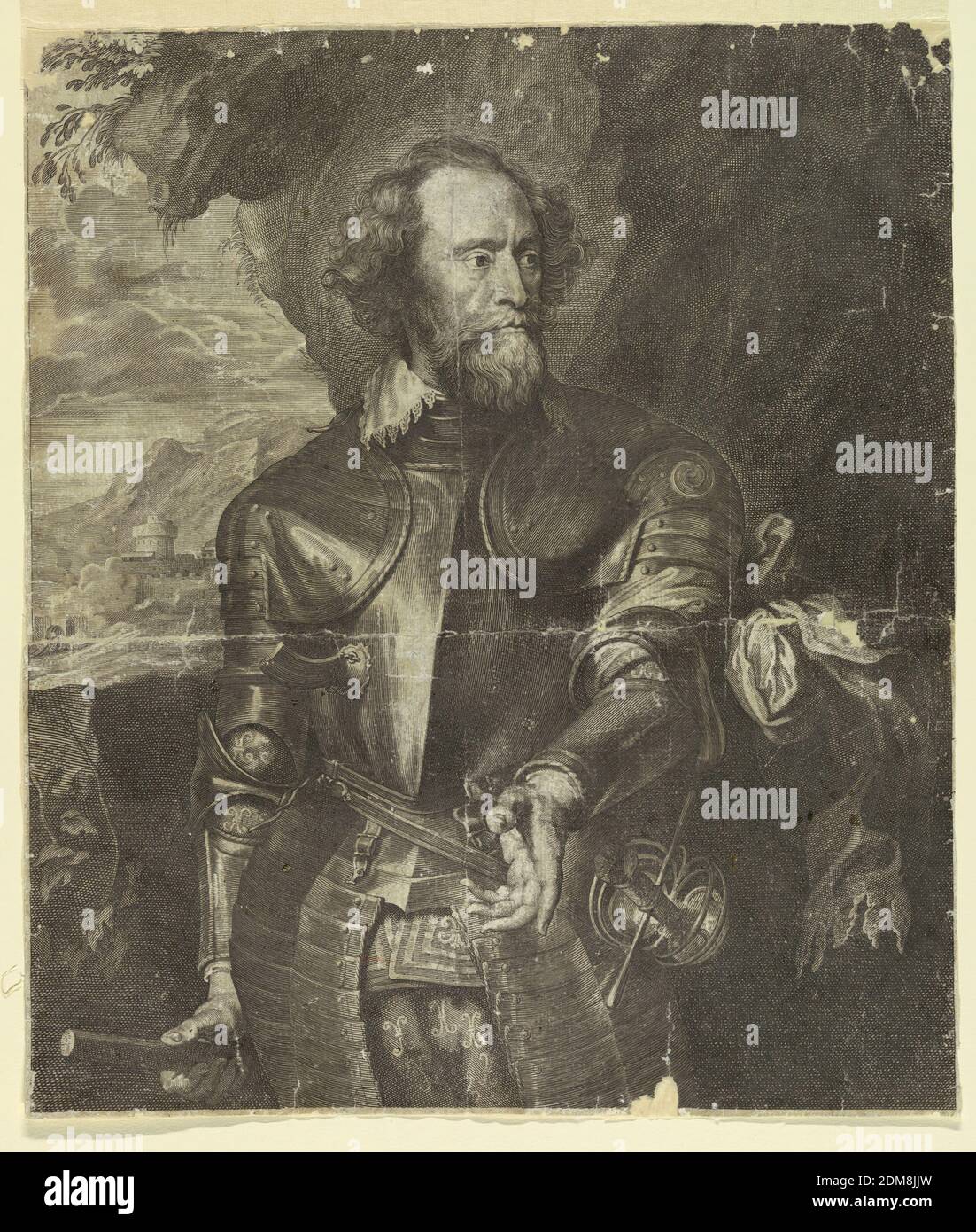 Portrait de Thomas Howard, comte d'Arundel, d'après Anthony van Dyck, Pierre Lombart, français, ca. 1613 - 1682, Anthony van Dyck, Netherlandish, 1599 - 1641, gravure sur papier, demi-longueur de Thomas Howard, comte d'Arundel (c. 1562-1639), en armure, debout devant un paysage, tenant son bâton dans sa main droite, à ses côtés. Nom du graveur coupé en bas., France, ca. 1650, Imprimer Banque D'Images Portrait de Thomas Howard, comte d'Arundel, d'après Anthony van Dyck, Pierre Lombart, français, ca. 1613 - 1682, Anthony van Dyck, Netherlandish, 1599 - 1641, gravure sur papier, demi-longueur de Thomas Howard, comte d'Arundel (c. 1562-1639), en armure, debout devant un paysage, tenant son bâton dans sa main droite, à ses côtés. Nom du graveur coupé en bas., France, ca. 1650, Imprimer Banque D'Images