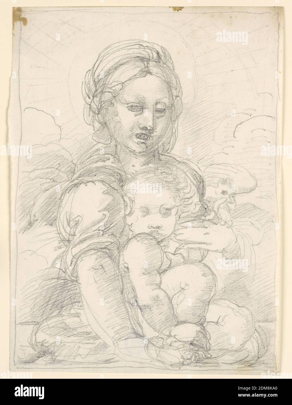 La Vierge et l'enfant, Fortunato Duranti, Italien, 1787 - 1863, Graphite sur papier, l'enfant s'assoit sur un coussin, soulevant sa droite gauche et tenant sa cheville droite avec sa main droite. L'épaule droite couvre une partie du menton. Marie, debout derrière lui, tenant son bras gauche avec sa main gauche. Un oiseau dans sa main gauche. Partie du ciel visible, nuages, soleil. Ligne de cadrage., Rome, Italie, 1820–1850, dessin Banque D'Images