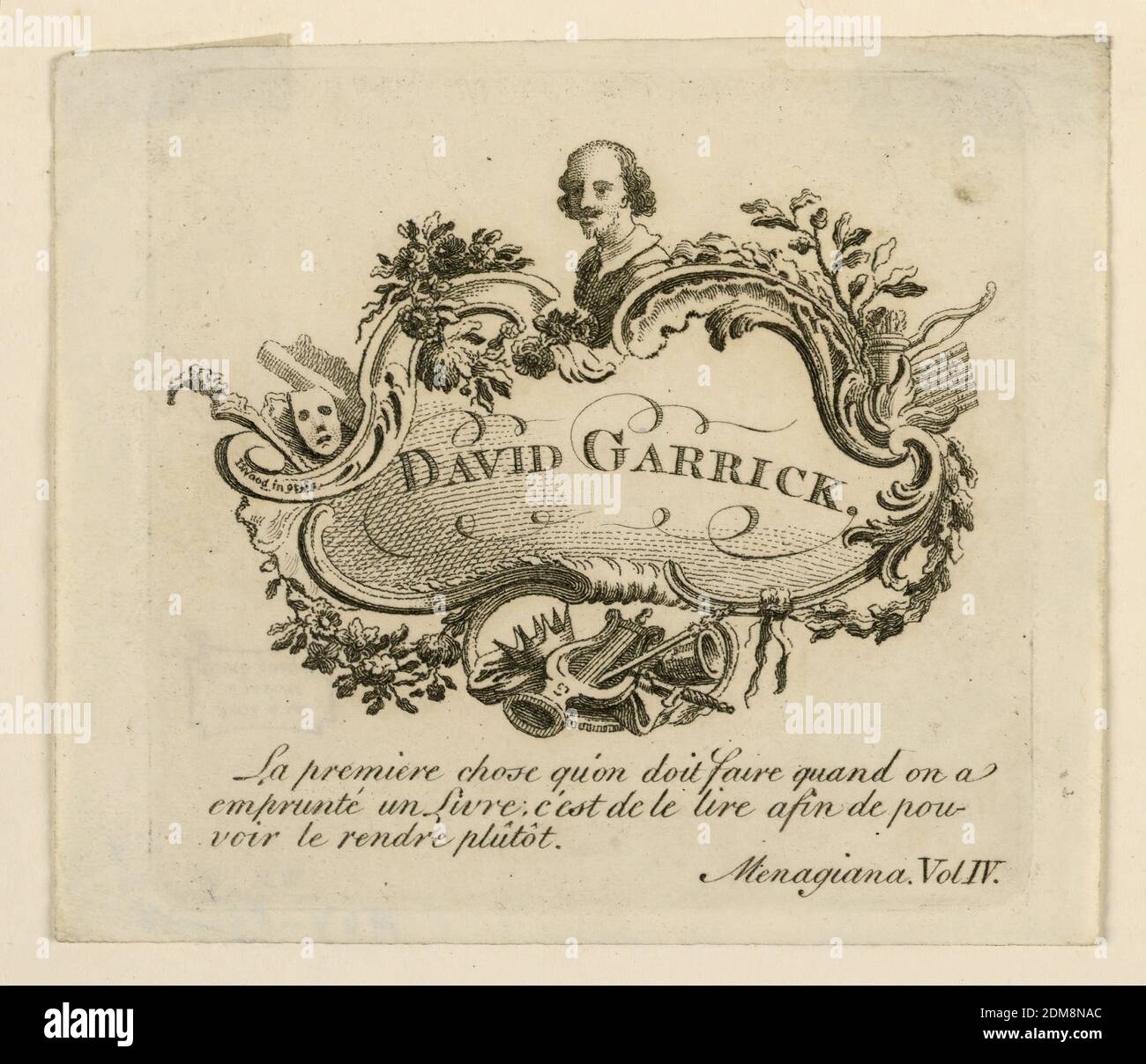 Livre-plate de David Garrick (1717-1779), John Wood, anglais, est mort ca. 1780, Etching sur papier, signé 'I Wood in et sc' et montrant le nom de l'acteur dans une escutcheon qui est surmontée d'un buste de Shakespeare. Ci-dessous, une phrase française prise du quatrième volume de la 'Ménagiana', les conversations de Gilles ménage (1613-1692) en conseillant de lire immédiatement un livre emprunté pour pouvoir le donner le plus rapidement possible, en commençant par 'la première a choisi.', Angleterre, ca. 1760, Imprimer Banque D'Images