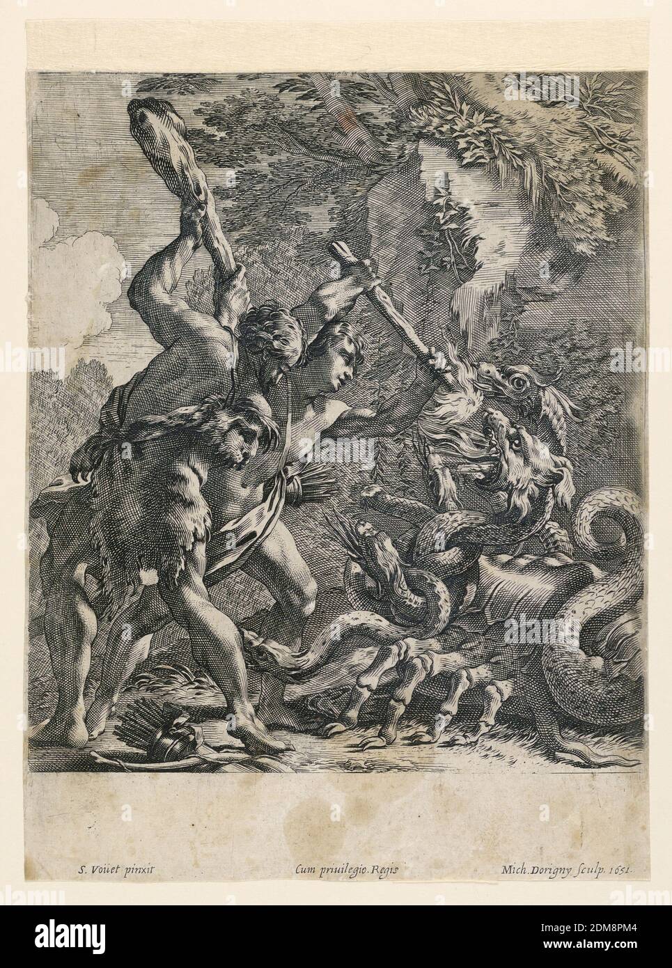 Hercules qui laque l'Hydra de Lerna, Michel Dorigny, 1617 – 1665, Simon Vouet, français, 1590 - 1649, gravure sur papier, hercules et une autre figure sont vus en combat avec l'Hydra, dont le corps ressemble à celui d'un crabe. Ci-dessous, les noms de l'artiste, du graveur et la date., France, 1651, Imprimer Banque D'Images