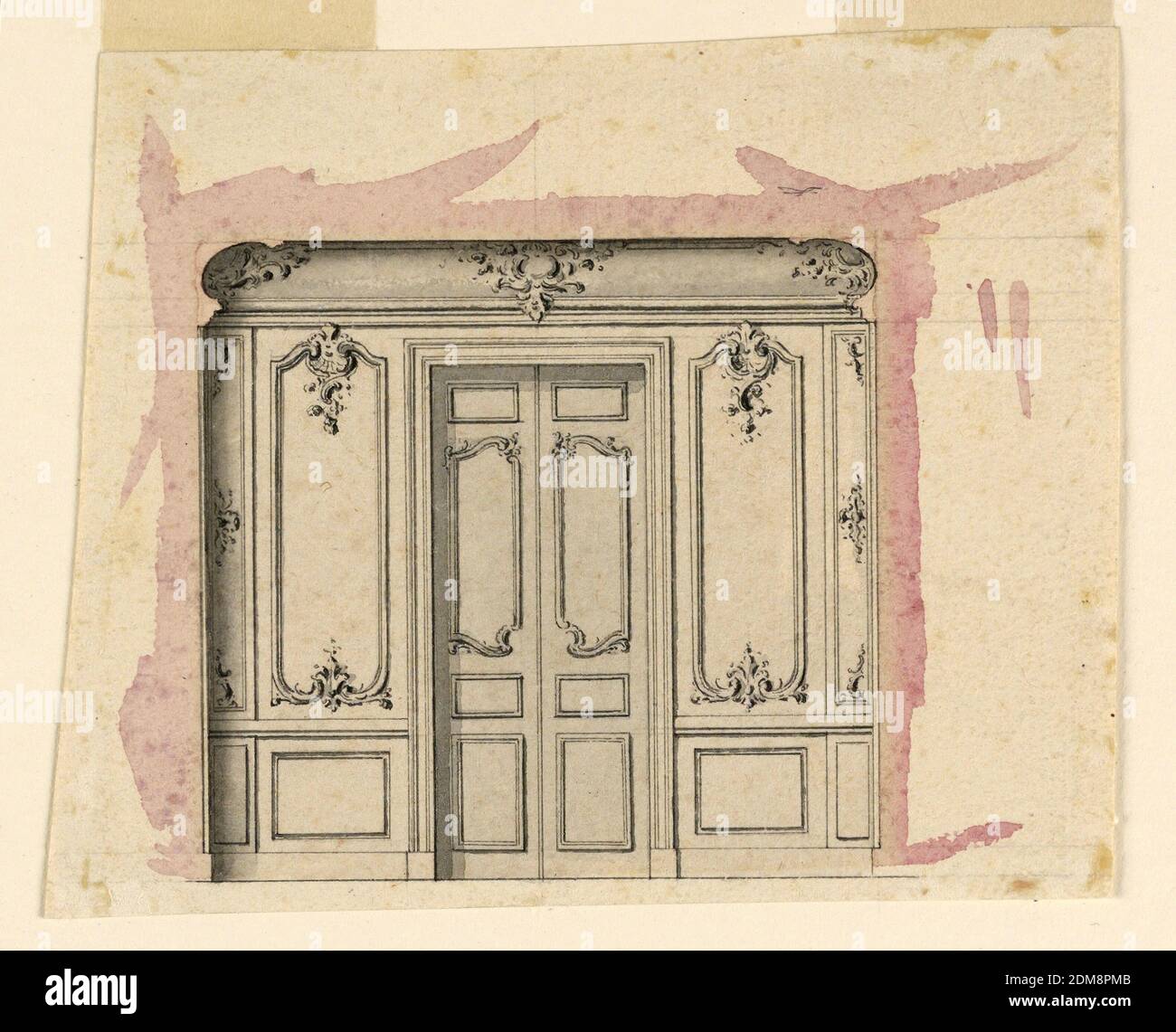 Design pour un mur de salon, stylo et encre, pinceau et aquarelle, graphite sur papier, UNE porte pliante entre deux panneaux muraux de miroir., France, ca. 1760, dessin Banque D'Images