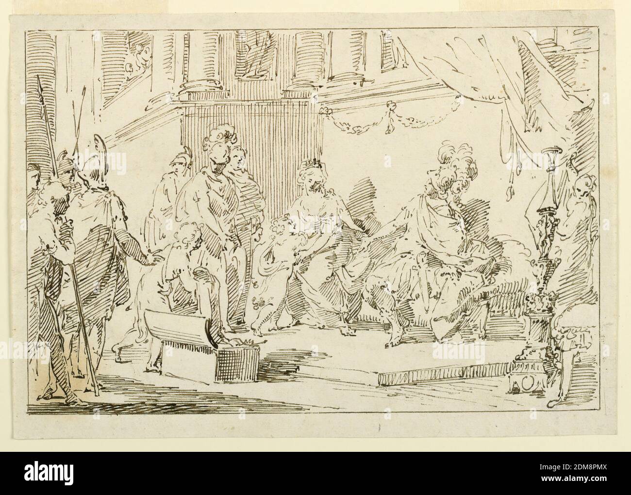 Une scène d'audience, Pietro Antonio Novelli, italien, 1728 - 1804, stylo et encre brune sur papier couté, homme et femme assis sur une plate-forme légèrement surélevée en hommage. Des soldats d'assistance à gauche, une poitrine ouverte devant eux. Ligne de frontière réglée., Venise, Italie, ca. 1775, dessin Banque D'Images