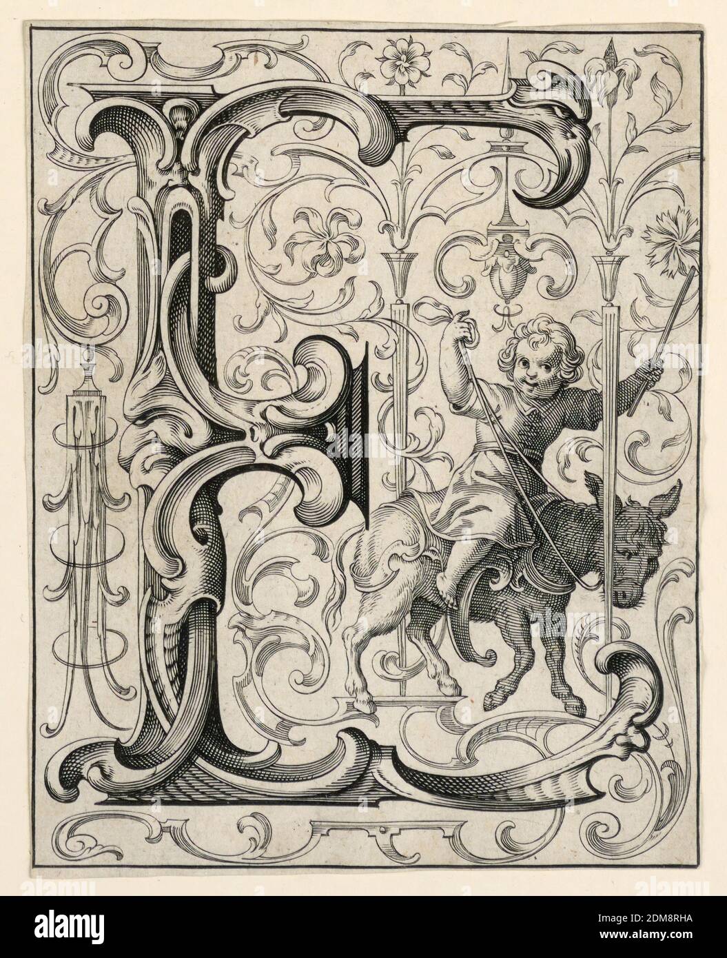 Panneau avec la lettre 'E' du 'Newes ABC Büechlein', Lukas Kilian, allemand, 1579 – 1637, engravant sur papier blanc cassé, UN garçon roule un âne ('Esel')., Augsberg, Allemagne, 1627, Imprimer Banque D'Images