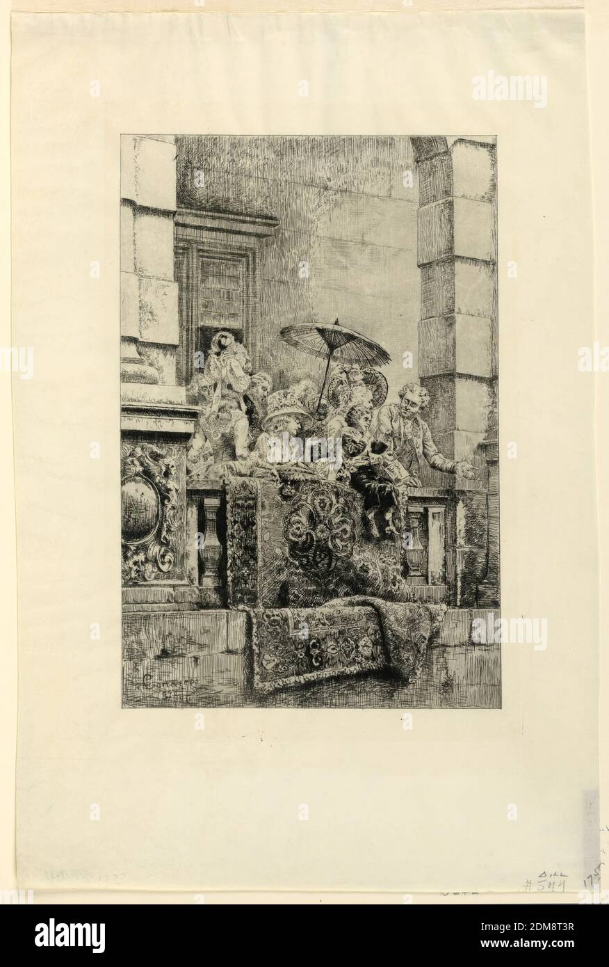 Mesdames et Messieurs à un balcon, Oreste Cortazzo, Italien, 1830/6 - avant 1912, Etching sur vellum, UN rassemblement de Mesdames et Messieurs à un balcon, avec un tapis oriental jeté sur la balustrade. Inscrit, en bas à gauche: 'Cortazzo/1878.', France, après 1878, Imprimer Banque D'Images