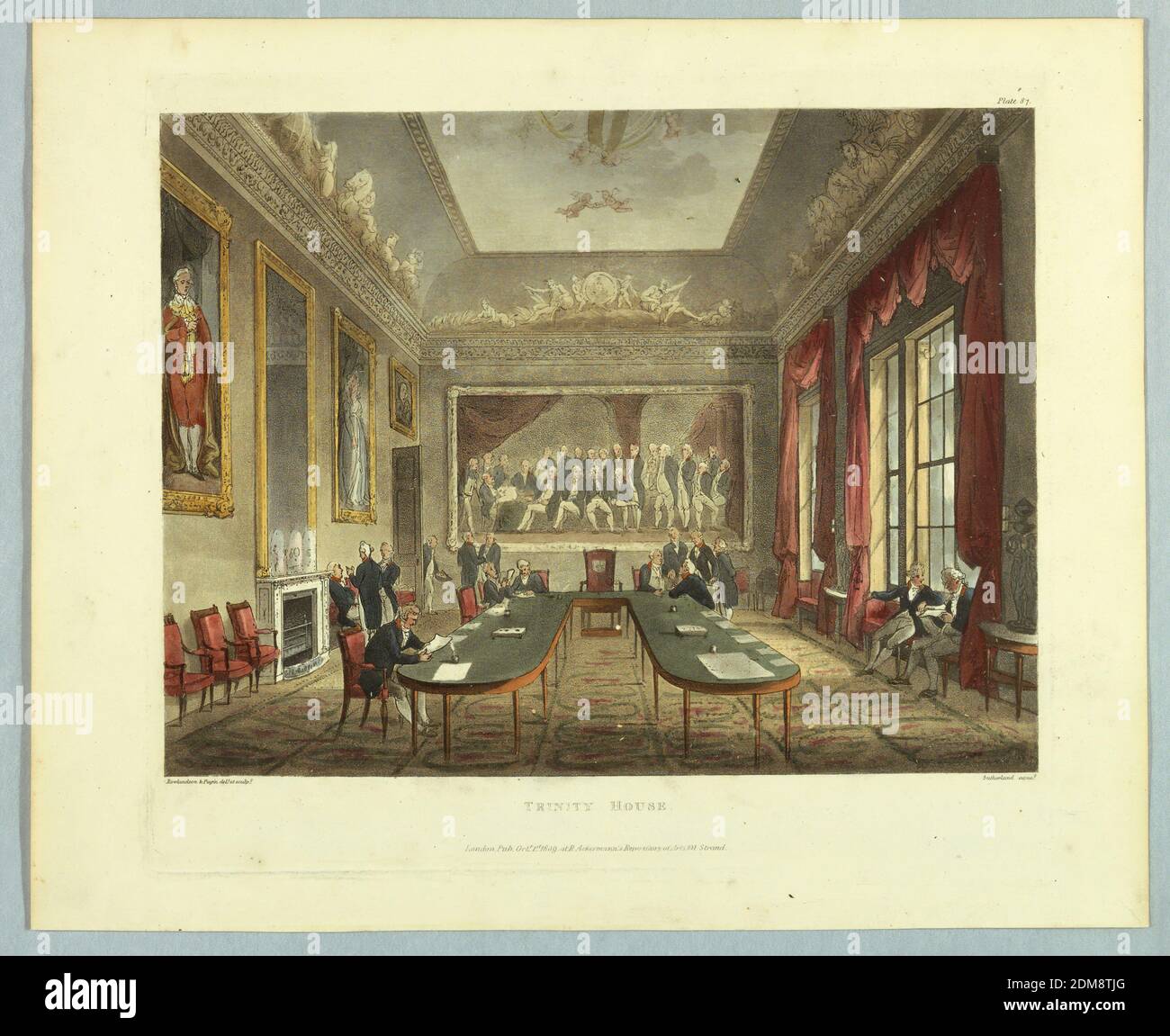 Trinity House, de 'Ackermann's Repository', Thomas Rowlandson, britannique, 1756–1827, Augustus Charles Pugin, français, Grande-Bretagne active, ca. 1762–1832, Thomas Sutherland, British, 1785 - 1838, Aquatint, pinceau et aquarelle sur papier, salle avec centre de table en forme de fer à cheval. Il y a des peintures sur les murs et des hommes conversant en groupes ou en lisant. Titre, noms des artistes et des éditeurs ci-dessous., Europe, Londres, Angleterre, 1809, Imprimer Banque D'Images