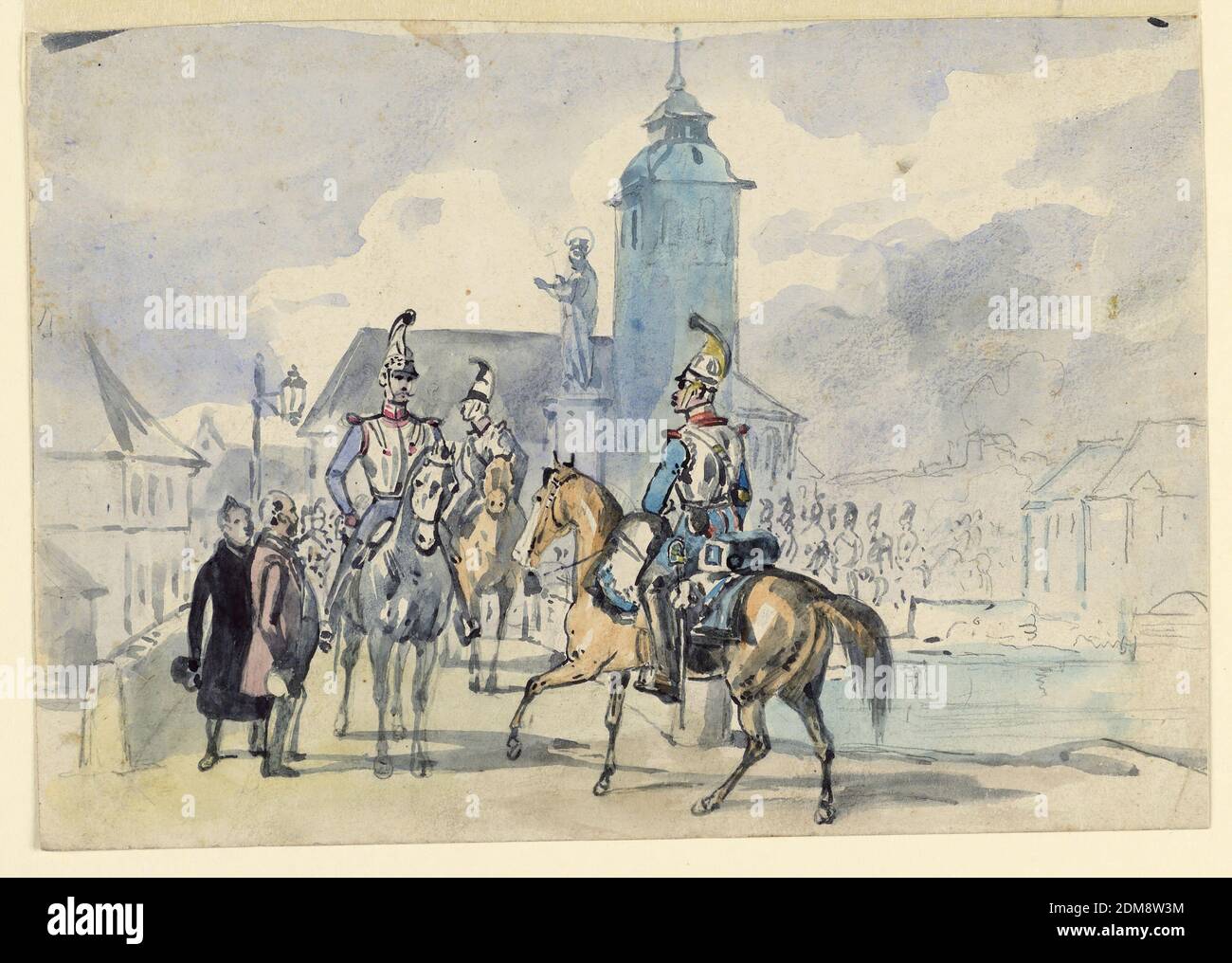 Officiers de cavalerie à un pont dans une ville, Graphite et pinceau et aquarelles sur papier, trois officiers de cavalerie montés sont vus sur un pont dans une ville autrichienne. Sur le pont se trouve une statue de Saint-Wolfgang, et au-delà, une église. Avant l'église sont d'autres troupes montées. Deux hommes d'âge moyen sont vus près des officiers à l'avant-plan gauche., Autriche, ca. 1840, dessin Banque D'Images