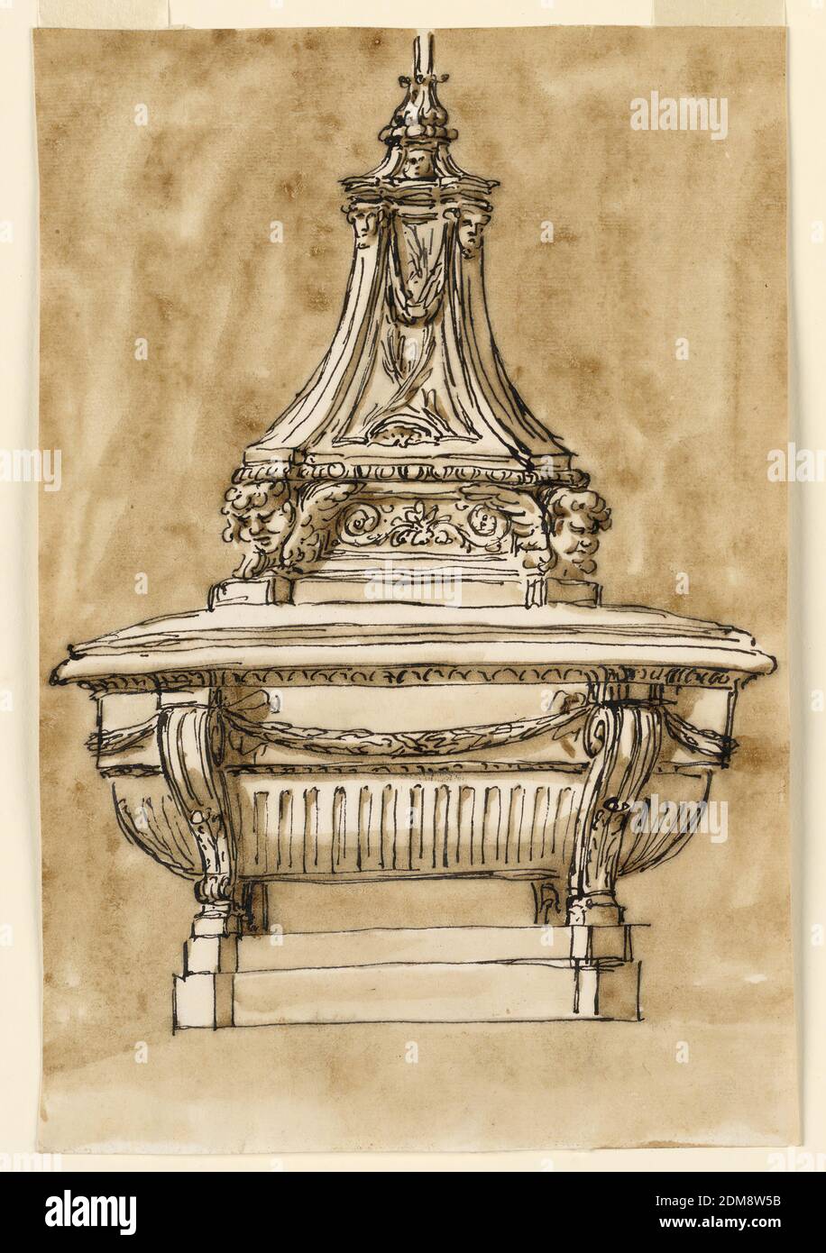 Design pour une police baptismale, Giuseppe Barberi, italien, 1746–1809, stylo et encre brune, pinceau et lavage brun sur papier blanc cassé doublé, le bol est soutenu aux extrémités par quatre consoles révérées sur deux plinthes octangentielles. La partie inférieure du bol est cannelée, la partie supérieure est dotée d'une frise avec des festons, accrochée aux spirales supérieures des consoles. Ci-dessous, le lif en plein. Sur une base octogonale avec chérubins sur les côtés obliques, soulève un piédestal soutenant une prise dont une croix ressort. Seule une partie de celle-ci est visible. Contexte habituel., Rome, Italie, ca. 1775, architecture, dessin Banque D'Images