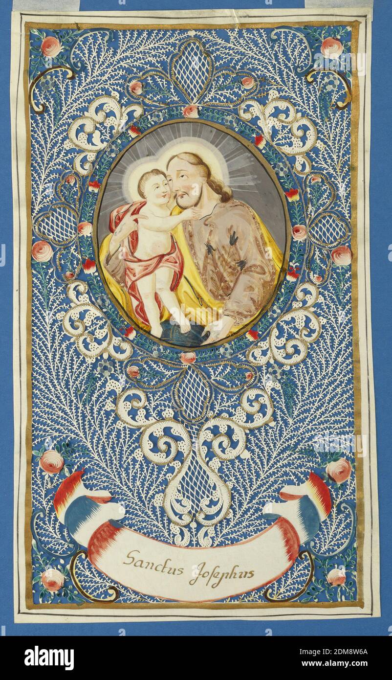 Photo de Dévotion de papier découpé : Saint Joseph avec l'enfant du Christ, papier découpé, pinceau et aquarelle, peinture de pinceau et d'or sur papier, image ovale de Saint Joseph tenant l'enfant du Christ, dans une cartouche de papier peint découpé ornée de roses. Ci-dessous, un ruban d'inscription, inscrit à l'encre d'or: 'Scantus Josephus'. Lignes de charpente d'or., Allemagne du Sud, env. 1750, découpe, découpe Banque D'Images