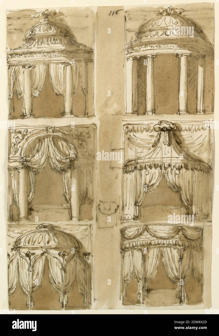 Six dessins pour les alcôves de chambre, Giuseppe Barberi, italien, 1746–1809, stylo et encre brune, brosse et lavage brun sur papier blanc cassé, rangée supérieure : à gauche, un auvent soutenu par deux colonnes ioniques avec rideaux. À droite : une autre verrière, similaire, sans rideaux. Rangée centrale : l'entrée de l'alcôve est formée comme une arche, soutenue par deux colonnes, latéralement deux compartiments ouverts avec une entature droite. Des rideaux sont dans chaque ouverture. Le mur à côté de l'arche est décoré de deux figurines volantes. À droite, la voûte est formée comme l'avant d'une tente Banque D'Images