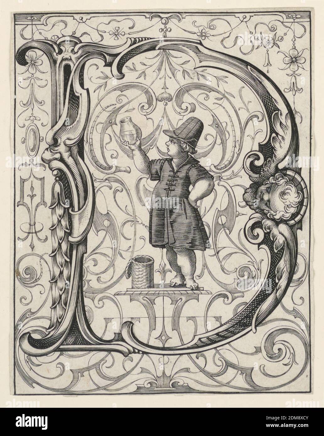 Panneau avec la lettre « D » du « Newes ABC Büechlein », Lukas Kilian, allemand, 1579 – 1637, engravant sur papier blanc cassé, UN garçon lève une bouteille avec un fluide, qu'il a pris dans un panier., Augsberg, Allemagne, 1627, Imprimer Banque D'Images
