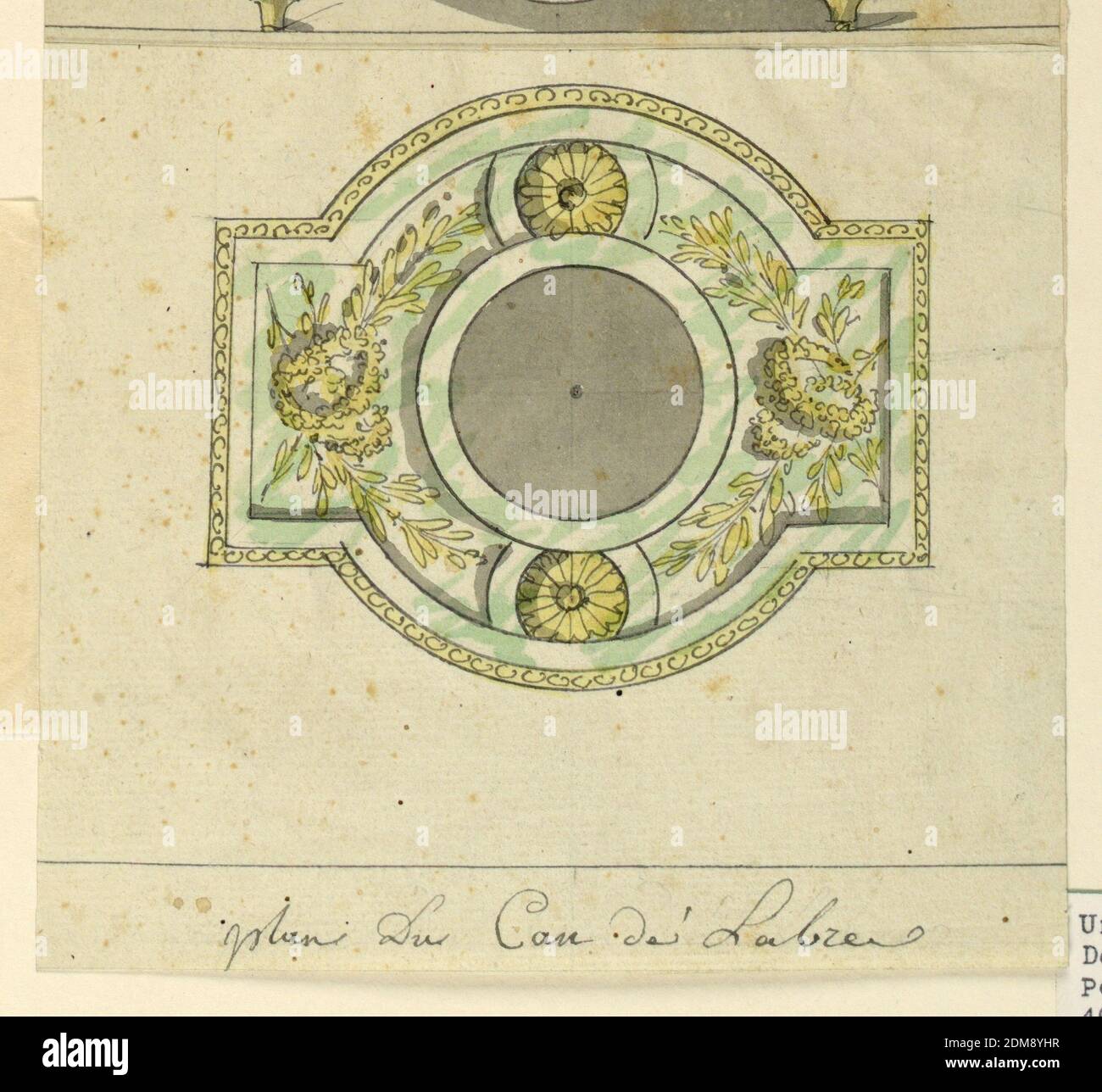 Design pour un Candelabrum, stylo et encre, pinceau et aquarelle, graphite sur papier, Plan de la décoration de la base à partir du haut. Marbre avec supports en bronze de couronnes et de feuilles, rosettes., France, 1780-1790, dessin Banque D'Images