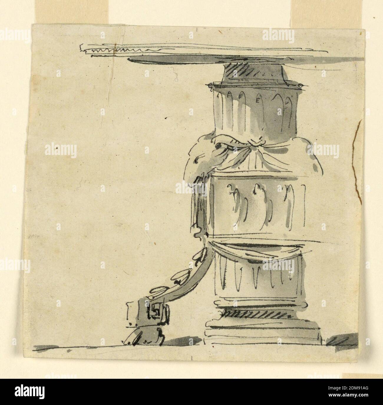 Design pour table avec base décorée, Giuseppe Barberi, italien, 1746–1809, brosse et lavage noir et gris, stylo et encre noire sur papier, conception pour table soutenue au centre par une colonne cannelée, décoré dans son milieu avec un relief affichant des figures entourées d'une drapery festoon suspendu de la tête de bélier. Une jambe secondaire ressort du coin inférieur du cadre du relief et est soutenue par un pied de lion., Italie, ca. 1780, mobilier, dessin Banque D'Images
