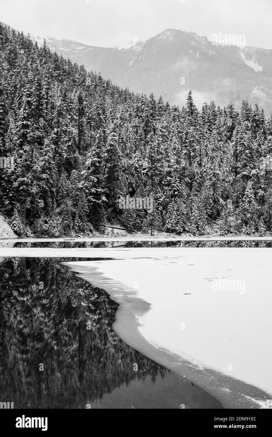 Un lac calme avec de la glace est entouré de montagnes et arbres enneigés Banque D'Images