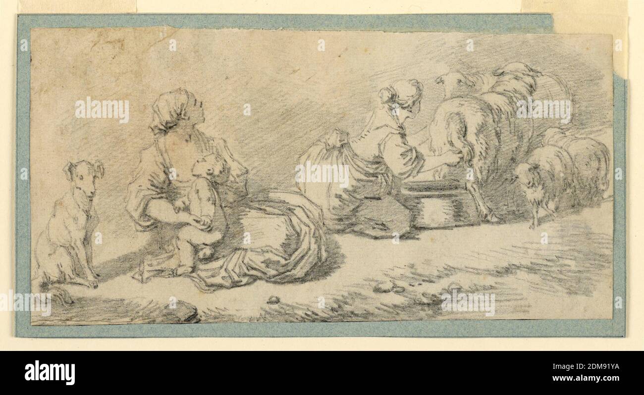 Scène pastorale, Jean Honoré Fragonard, français, 1732 - 1806, crayon noir sur papier, composition est disposé en diagonale du coin inférieur gauche au coin supérieur droit : un chien assis, une fille assise avec un bébé. Une autre fille à l'arrière-plan traite un mouton. Les agneaux et plus de moutons sont montrés., France, ca. 1770, figures, dessin Banque D'Images