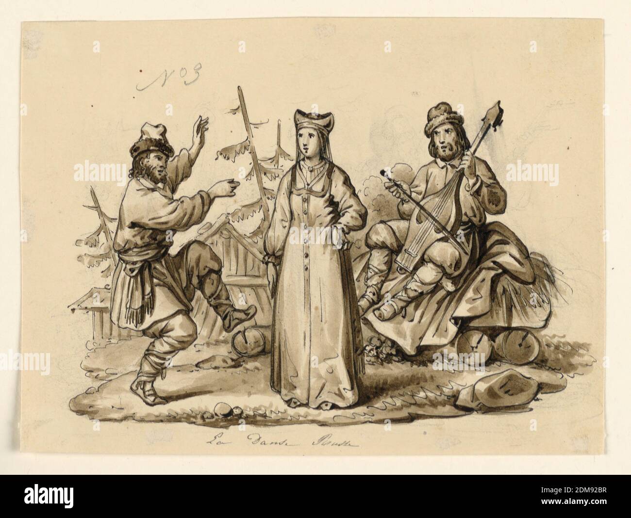 Danse russe, Victor Vincent Adam, 1801–1866, stylo et encre, pinceau et sépia et lavage gris sur papier, vignette d'une femme debout, au centre, avec sa main gauche reposant sur la hanche. À gauche, un homme danse. A droite, un musicien est assis., France, 1835-1840, dessin Banque D'Images