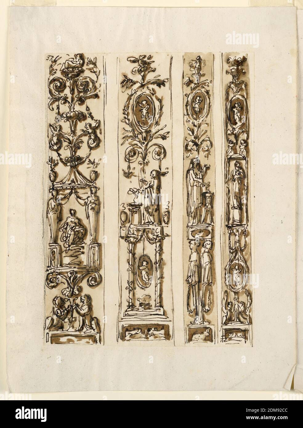 Design pour la décoration de quatre bandes de pilaster, Giuseppe Barberi, italien, 1746–1809, encre stylo et marron, pinceau et lavage brun sur papier blanc cassé doublé, l'un à côté de l'autre, séparé par des bandes vides. Chaque décoration suit le schéma du candélabrum, à partir d'une base en forme de boîte. Les deux premières bandes sont d'une plus grande largeur que les dernières. Rangée gauche : deux lions accroupissent la tige d'une fleur de palmette au-dessus de laquelle s'élève un pavillon avec une déesse à l'intérieur assis sur des nuages. Une plante candélabrum ressort du toit du pavillon. Les lignes de charbon se trouvent sur le bord gauche Banque D'Images