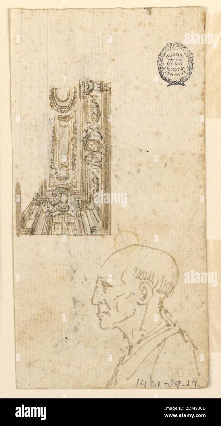 Design pour le plafond et la tête de profil; Verso: Moïse avec les tablettes de la Loi, stylo et encre sur papier, esquisse de la décoration d'un plafond et le buste d'un homme âgé sans barbe., Italie, 18ème siècle, intérieurs, dessin Banque D'Images